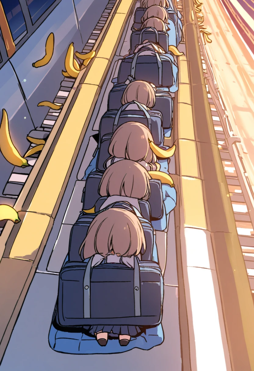 Chibi, one girl, face down, spread out, whole body, school uniform, lying down, sleeping, back of head, relaxing,do you look dead? ,rear view,BREAK, station platform, missed the train girl, school bag,her feet Banana peel,(A passing train), sunset,