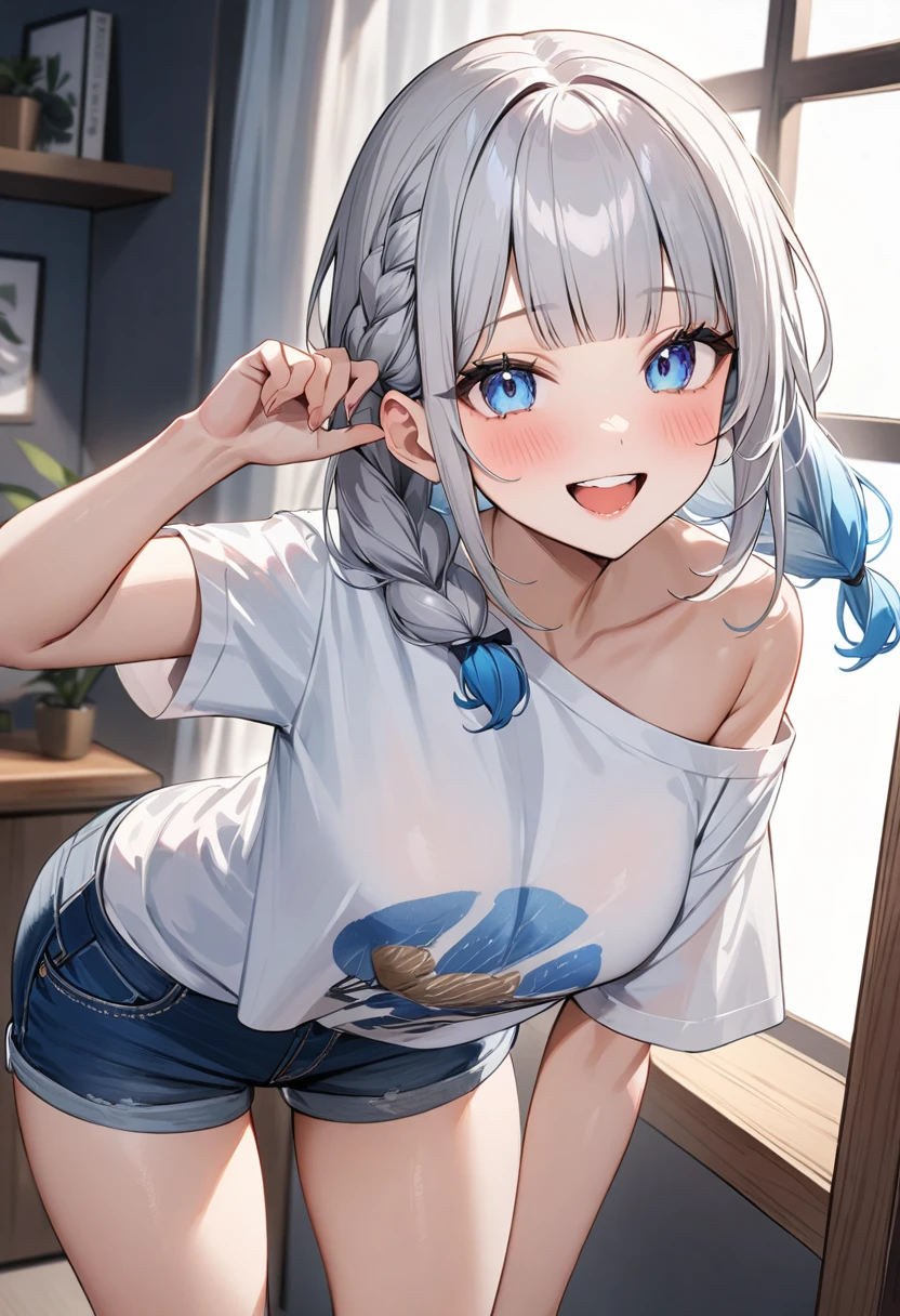 図書館でBlowjobする、Super detailed、Particles of light:0.5、Shiny and smooth skin texture、、Beautiful Blue Eyes、Blowjob、Open your mouth and stick out your tongue、Natural Texture、Silver short hair、、、Small breasts、Dignified face、Breasts are visible when slouching、Licking the male genitalia with the tongue、hold the penis with one's hand、Small breasts、slight chest、Re:Creators Meteora