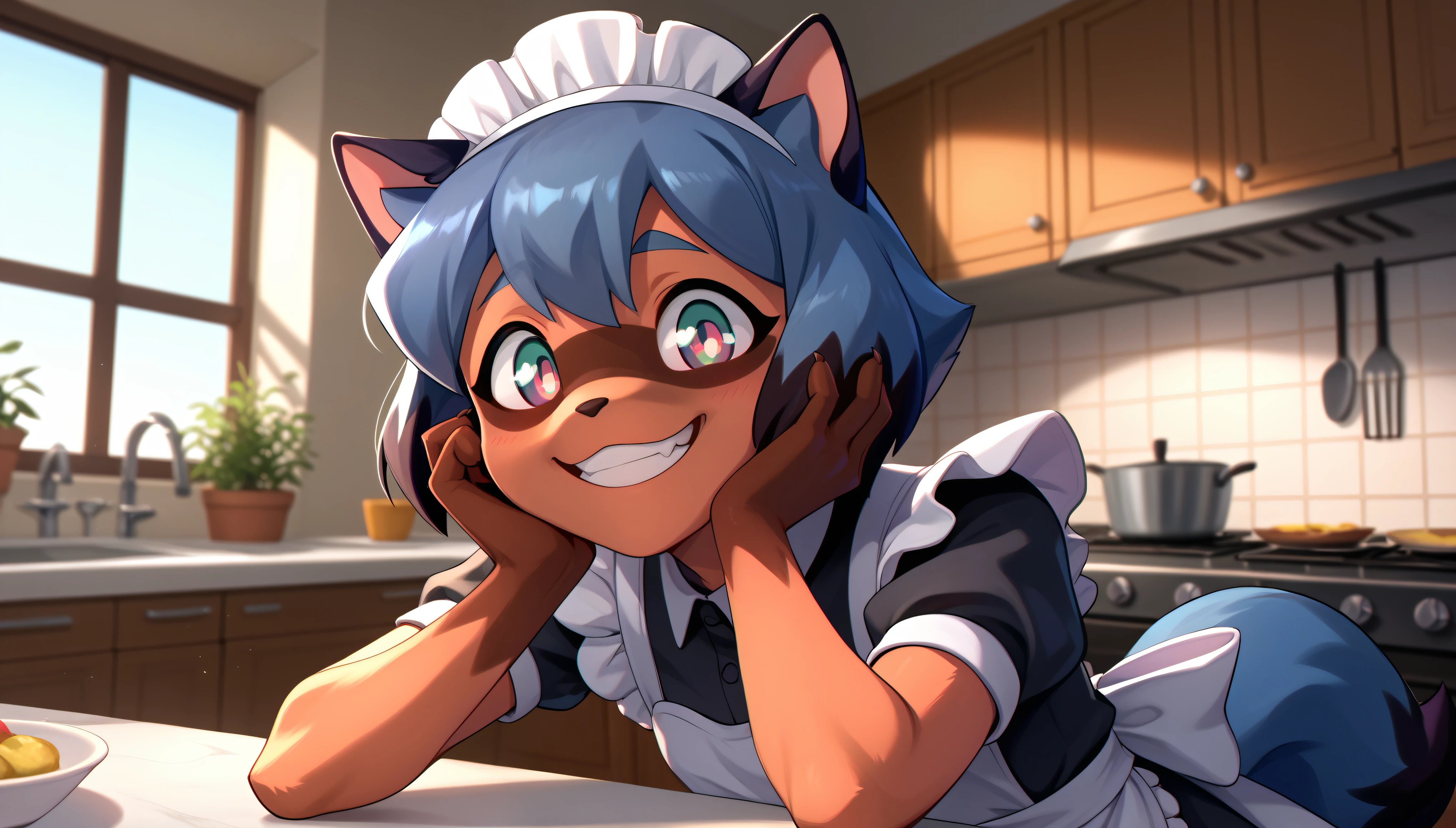 score_9, score_8_up, score_7_up, Michiru Kagemori, Anthro, furry, FACE ONLY, HEAD ON, FACE FOCUS, fur, cute, centered, smile, wallpaper, 4k wallpaper, detailed, Maid outfit, kitchen, indoors,