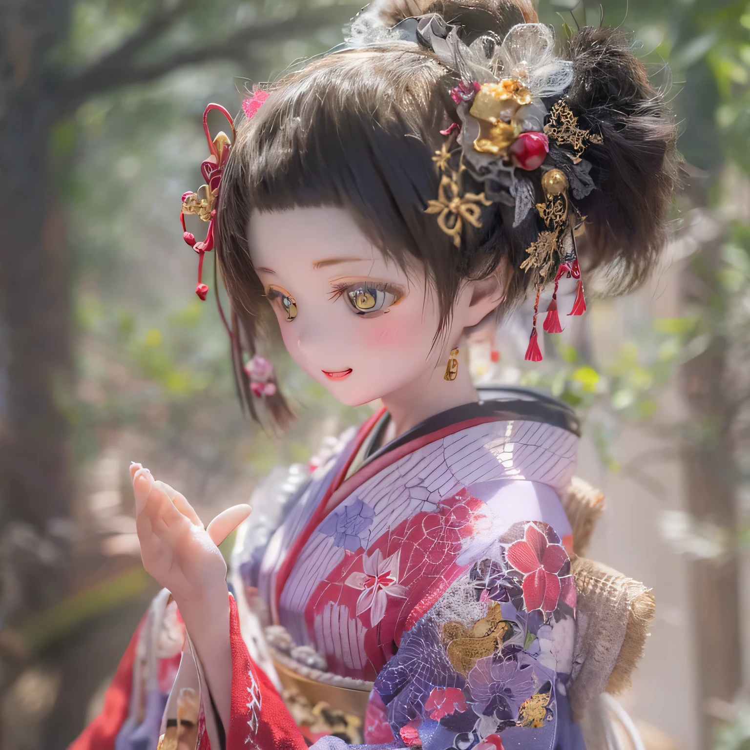 (Best Quality,High resolution,masterpiece:1.2),Very detailed,Realistic,(Me in a kimono,Beautiful details,Beautiful lip detail,Very detailed目と顔,Long eyelashes),Traditional Japanese,geisha,hairpin,Delicate embroidery,Floral,Sleeves flow,Harmonious colors,Soft lighting、Smiling face with a fan、Bobcut、Black Hair