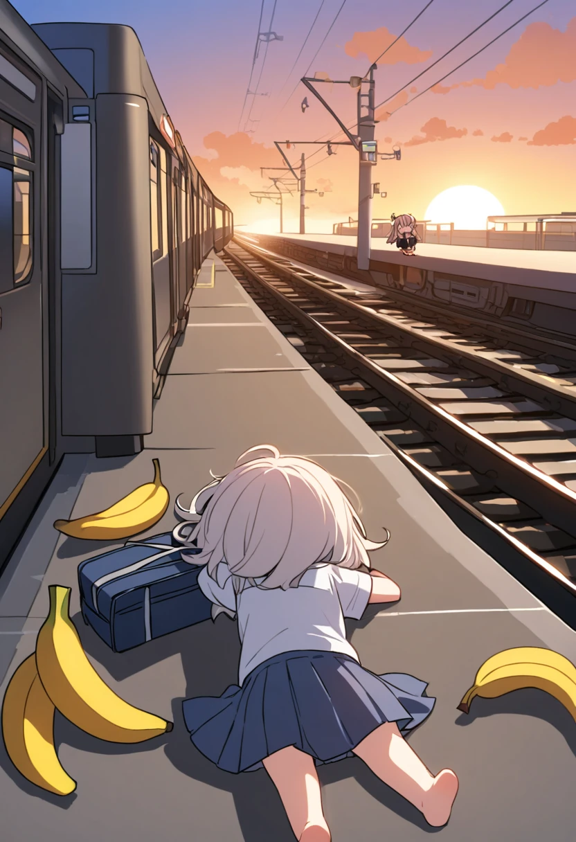 Chibi, one girl, face down, spread out, whole body, school uniform, lying down, sleeping, back of head, relaxing,do you look dead? ,rear view,BREAK, station platform, missed the train girl, school bag,her feet Banana peel,(A passing train), sunset,