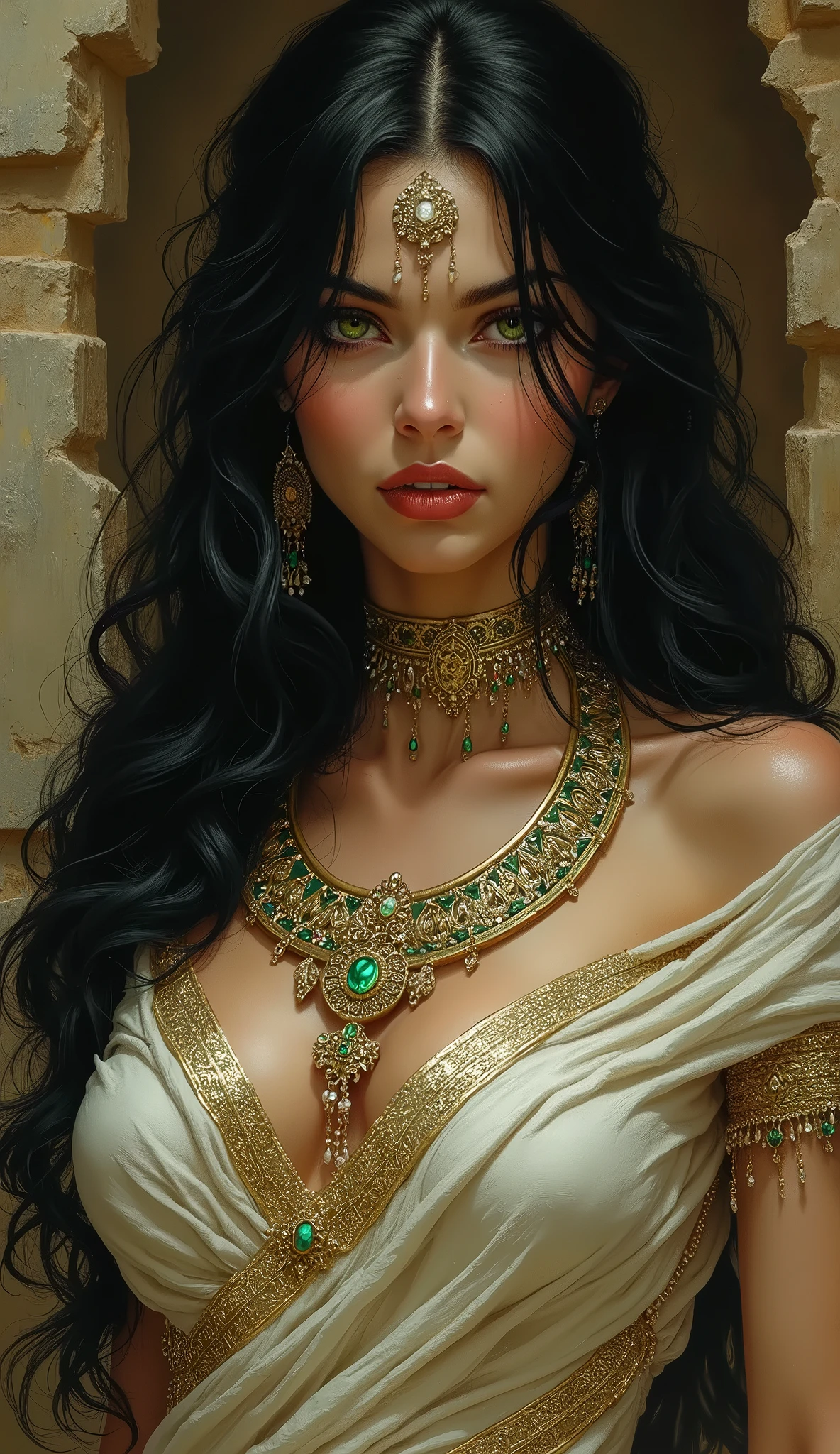 ((realistic:1.5)),((best quality)), ((masterpiece)),((detailed)),
(1girl), a beautiful female wearing Medieval armor,
(upper body:1.3),,super-wide-angle lens,face focus,
mature,sexy,toned muscles,long legs,curvy, barefoot, cleavage,thick thighs,wide hips,
green eyes,long hair,floting hair,long eyelashes,
(detailed face,beautiful eye, detailed pupilss,detailed clothes features, clear background:1.3),
(Bindi,Jhumkas:1.3),
(Dress,Armlet, Haar, Payal,Maang Tikka,Jhumkas,Kamarband,Bangles:1.3),
mysterious ancient ruin, lush forests, deep canyons,bridge,river,cliff,cloud, lakes,rock,waterfalls, flowers, grass, fog,vine,tree, smoke,
best shadow,bright details,sharp,perfect composistion,
Intricate, Sharp focus, dramatic,
by Frank Frazetta,by Julie Bell,by Olivia De Berardinis,by Luis Royo,by boris vallejo,
(specular lighting:1.3),rim light,