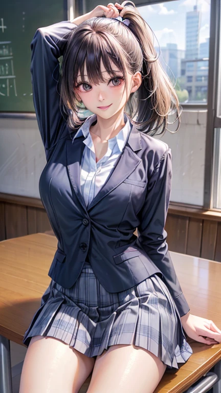 Kujikawa Def,Twin tails,school uniform,Seraph of the Black,Long sleeve,skirt,Knee socks,jewelry,Earrings,Straddle,
Highest quality, Very detailed, masterpiece, Absurd,8k,   photoRealistic, Realistic,Detailed skin texture,Detailed pupil,High resolution,Natural light,
One girl,alone,(Happy:1.1),(smile:1.2),short hair,Brown Hair,(Angular face:1.2),Shining Face,Large Breasts, Tight waist, Lip Makeup,Wet shirt,Spread your legs,(I can see her panties:1.5)Bra is visible,