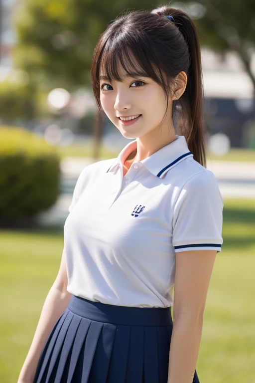 ((Upper Body))、1 Girl, alone, White polo shirt, White sneakers, Pink tennis wear: 1.3, White mini skirt, masterpiece, Highest quality, Realistic, Hyper Detail, (Shiny skin, Sweaty: 1.4), Confused, Looking into the camera, Short black hair, Brown eyes, thin, Dynamic Lighting, High resolution, Sharp focus, Written boundary depth, fine grain, Sharp eyes, Realistic eyes, (big: 1.2), (Thick thighs: 1.0), Outdoor, null, Korean Idol, Nogizaka idol, idol carving, actress,