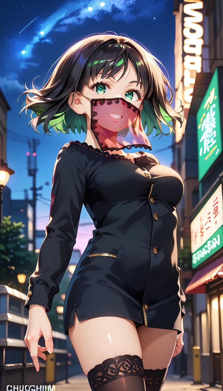 score_9, score_8_up, score_7_up, source_anime, 1girl, ChiguchiMP, black hair, green eyes, (bobcut hair) ,(8k, Best Quality, Masterpiece: 1.2), Super Detailed, Cute, Alone, detailed eyes, Beautiful Detailed Sky, Night, (smile: 1.15), (big breasts:0.8), beautiful details, night, (short hair: 1.2), floating Hair, thighhighs, mouth veil, cinematic lighting, cinematic angle, soft light, color detail, backlighting, Depth of field, long exposure, light steps, intricate colors, vibrant colors, standing, business wear