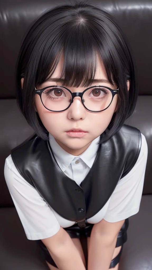 masterpiece, 8k,16k,((   living room  )),(((black eyes:1.10))),(((Subjective))),(((Cute little sister))),(((Bob hair))),(((bangs))),(((Droopy eyes:1.2))),Best Quality, (((Very detailed))), (((Textured skin))),(((No makeup))),(((black leather collared shirt))),((high short  leather mini shorts,))),(((Primary school students))),(((from front))),(((Glasses))),(((Kneading her breasts))), Sit on the sofa,(((Directly above angle:1.5))), (((Plump thighs))), 
(((Close-up of face:1.7))),(((face focus))),(((Point slightly upwards))),(((Bring your face closer:1.4))),(((Move your mouth closer))),(((cat ear))),(((Sweaty))),(((Big Breasts:1.6))),(((Beautiful breasts))),(((fully clothed))),(((A shirt with all the buttons closed))),(((Sexy lips))),(((cum on clothes:1.3, excessive cum:1.3))),(((Hold your arms together))),(((Place hands on thighs))),(((Heavy breathing))),(((Being kissed by a man)))