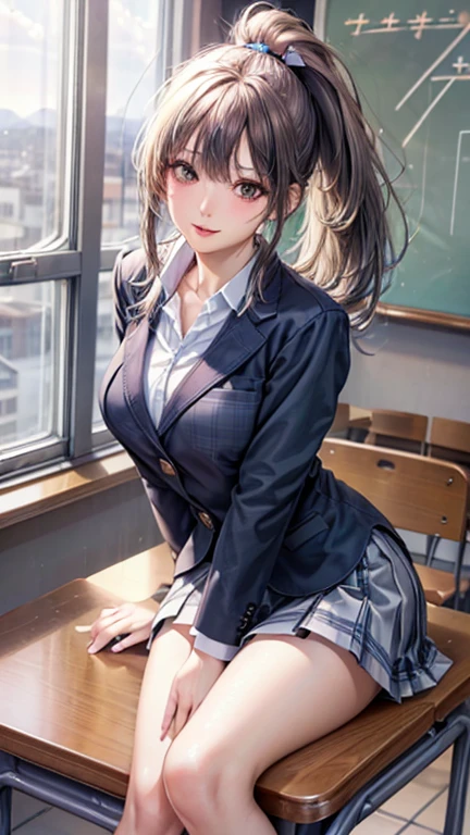((highest quality, 8k, masterpiece: 1.3)),((Amazing details: 1.2)),((shape: 1.1)), (Realistic, photoRealistic:1.4), Female Solo,high school girl、Shiny skin, thin, beautiful 髪, Beautiful Face, Highly detailed face, beautiful detailed 目, Beautiful clavicle, Beautiful body, Beautiful breasts, Beautiful thighs, Beautiful legs, Beautiful fingers, (High-quality fabric, red checked tie, A white shirt with a long sleeve and a collar, Grey plaid pleated skirt), Black socks, , (Beautiful views), morning, (classroom) ,,ponytail、 Long eyelashes, Solid Circle Eye, Captivating smile、blush:1.4、tongue、Cleavage:1.3、necklace、Close one eye、Wink、Sit flat on the floor、