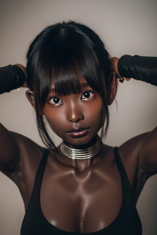 tanzanian woman, young, naked, curly mullet, short hair, dimples, thick belt around neck, tied to floor by black restraints, bondage, close-up, UHD, retina, masterpiece, accurate, anatomically correct, textured skin, super detail, high details, high quality, award winning, best quality, highres