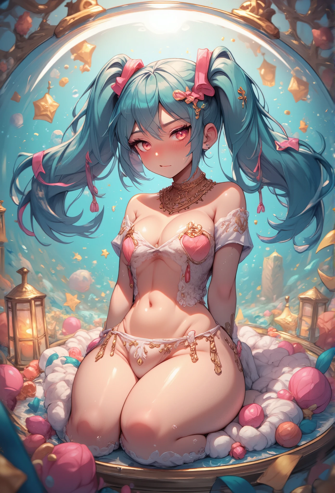 (masterpiece、Best Quality、Best Quality、Official Art、Beautiful and beautiful:1.2)、(One person:1.3)Hatsune Miku、Twin tails,Beautiful breasts,Leila (masterpiece), (Best Quality), (ultra detailed),(Disheveled Hair),(illustration), (1Girl), Beautiful fine details,Delicate and beautiful face,FloatinG,(hiGh saturation),(Colorful splashes),Colorful bubbles,(shininG),Focus on the face, sittinG inside a Glass ball, G;ass caGe, Golden stars and lanterns