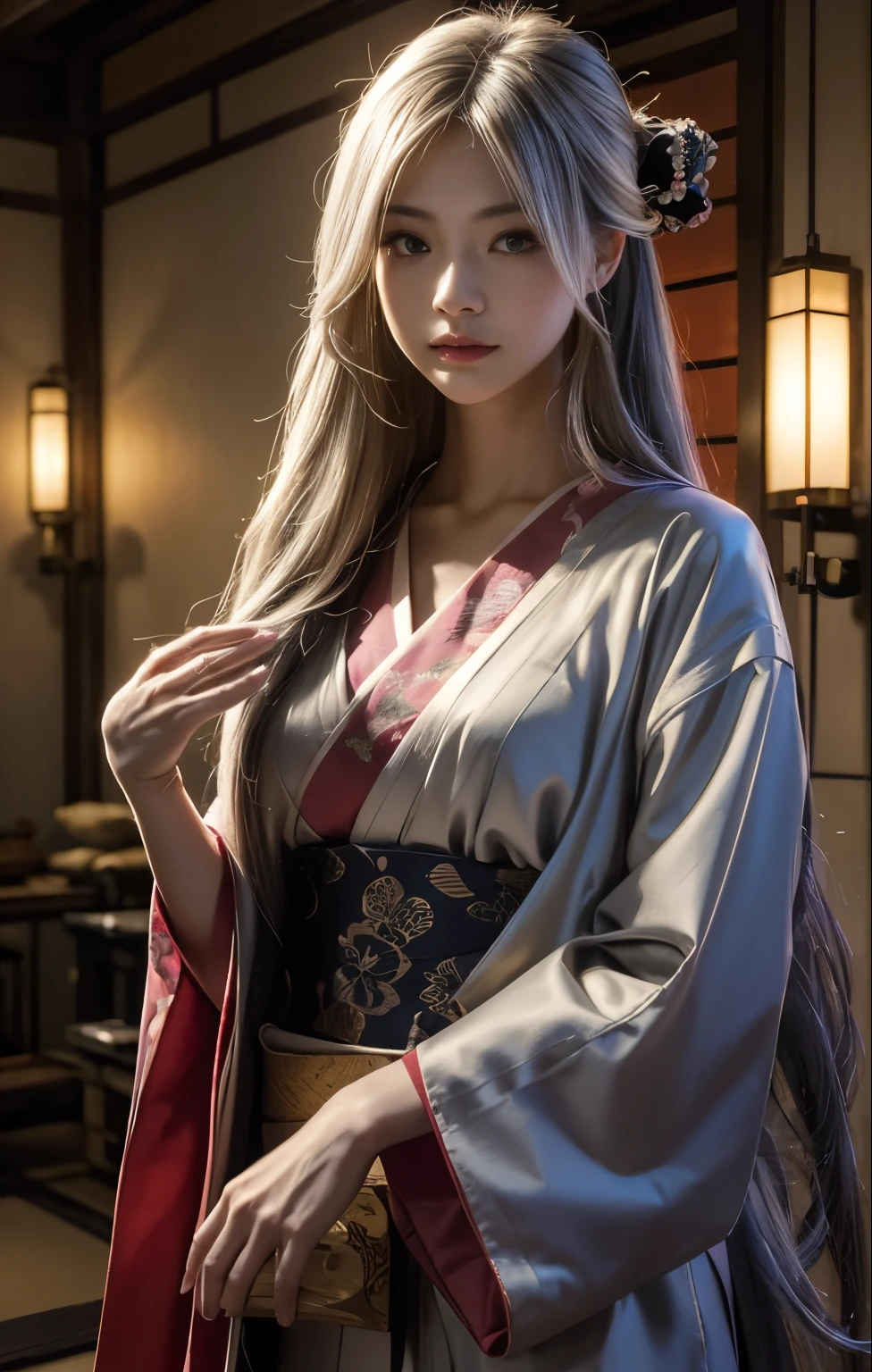 sfw, 1girl, standing, from front, front, cowboy_shot, inside japanese house, glowing red eyes, , face focused, ((white_hair)), kaguya, third eye, pale skin, horns, sharp_fingernails, forehead mark