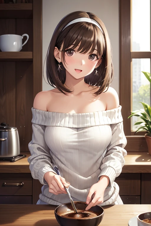 (Highest quality, High resolution,  Masterpiece, 4K), (Soft light、Luster of hair、Beautiful eyes)、young woman、The whole body is visible、Adorable smile ((Wavy medium short hair, bangs, Chestnut Hair)), ((Wistful eyes、Gray Eyes, Perfect Eyes)), ((Detailed face, blush:1.1)), ((Smooth texture:0.75, Realistic texture:0.65, Realistic:1.1, Anime CG Style)),Medium chest、A body with just the right amount of flesh、(Sexy thighs、I see beautiful legs)、Purple off-the-shoulder sweater、Pleated skirt、Cute Necklace、Earrings、Angle from the front、Peeking into this、Sit at your desk、Hands behind back、Composition from above、White pumps