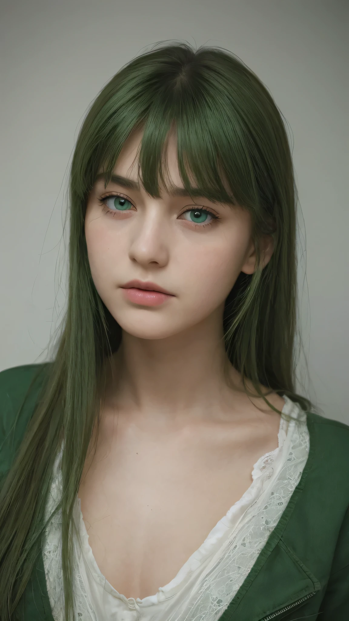 a girl. European. Extremely detailed face. Oval face. Delicate facial features. Half-closed eyes. Long straight hair. Messy hair. Bangs. Green hair. Green eyes. Green silk nightgown. Sad mood