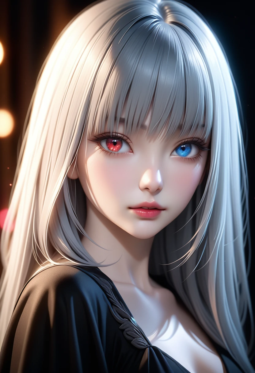 a beautiful girl with gray long straight hair, heterochromia with vibrant blue and red eyes, skinny figure, wearing a black dress and white shirt, Luminous Valentine, (best quality,4k,8k,highres,masterpiece:1.2),ultra-detailed,(realistic,photorealistic,photo-realistic:1.37),detailed eyes,detailed lips,extremely detailed face,long eyelashes,elegant portrait,dramatic lighting,vivid colors,cinematic,ethereal,romantic