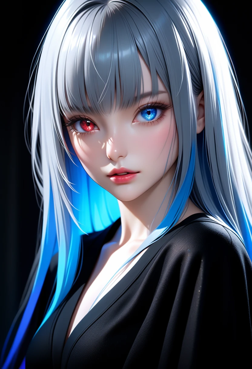 a beautiful girl with gray long straight hair, heterochromia with vibrant blue and red eyes, skinny figure, wearing a black dress and white shirt, Luminous Valentine, (best quality,4k,8k,highres,masterpiece:1.2),ultra-detailed,(realistic,photorealistic,photo-realistic:1.37),detailed eyes,detailed lips,extremely detailed face,long eyelashes,elegant portrait,dramatic lighting,vivid colors,cinematic,ethereal,romantic