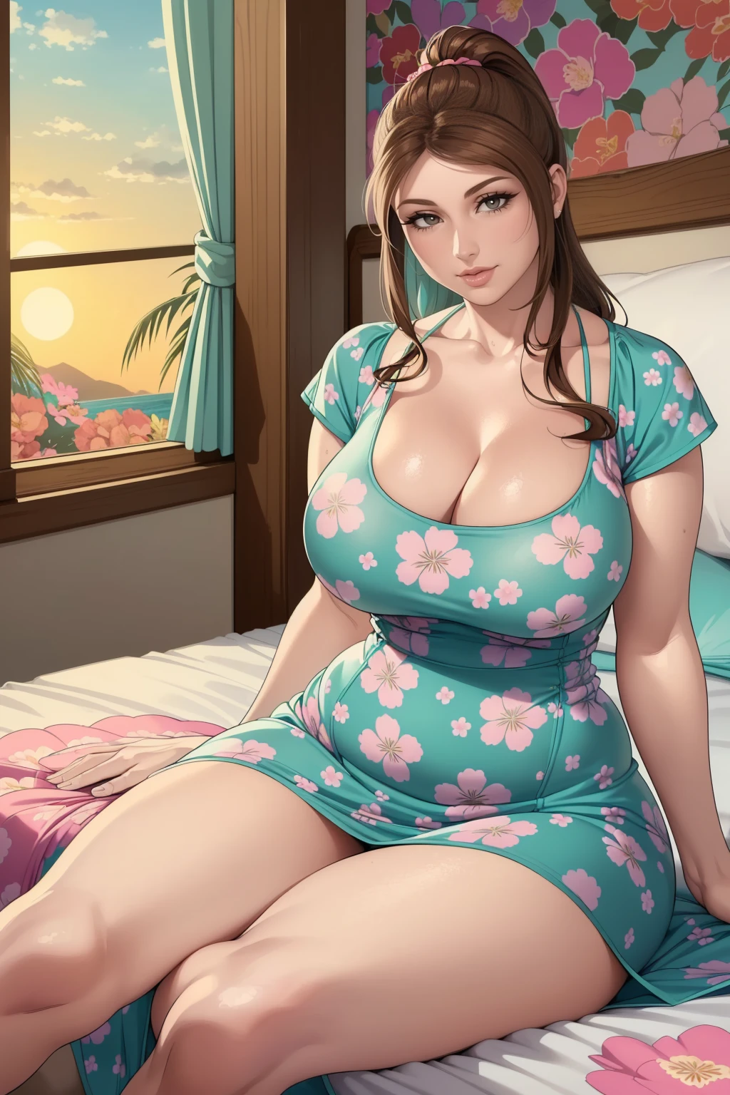 Masterpiece, Best Quality, (((Solo mature woman resembling Lucy Pinder))), (((Brown hair))), Ponytail, Large chest, (((wide hips))), (((aqua green eyes))), full lips, seductive smile, cleavage, (sitting on bed), bedroom,  sunset, blushing, (((wearing blue summer dress with pink floral pattern))), [Janet], [Alice], "beautiful mature face" , age30 , milf , adult