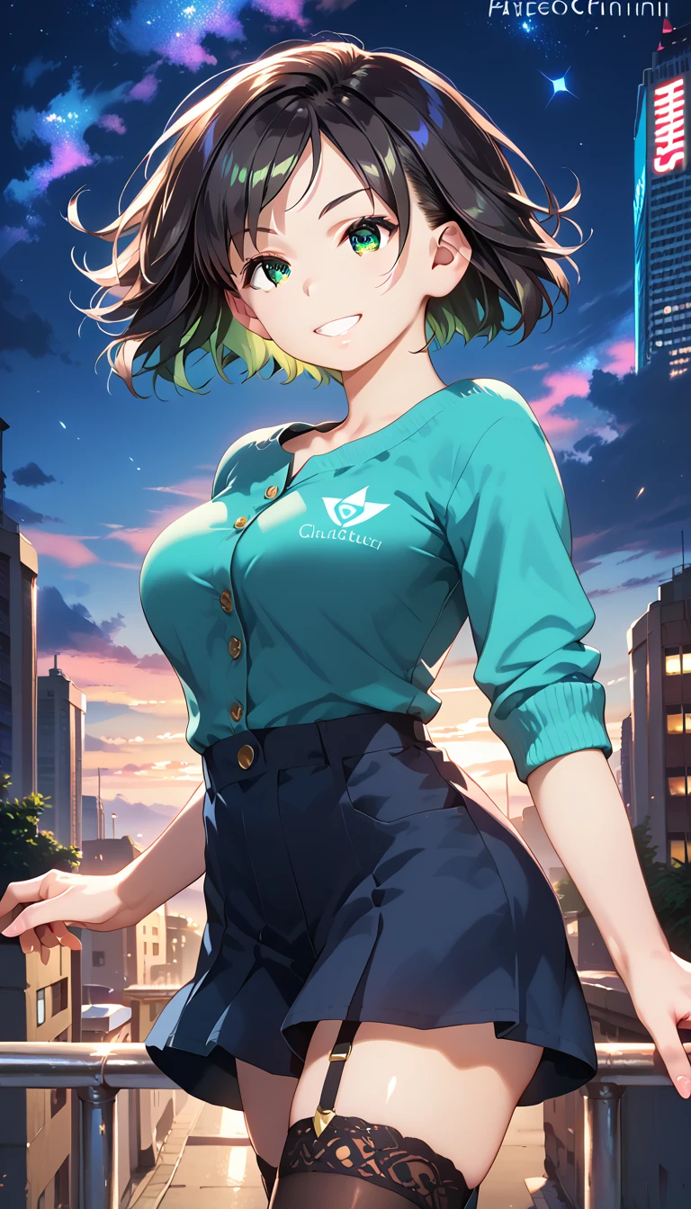 score_9, score_8_up, score_7_up, source_anime, 1girl, ChiguchiMP, black hair, green eyes, (bobcut hair) ,(8k, Best Quality, Masterpiece: 1.2), Super Detailed, Cute, Alone, detailed eyes, Beautiful Detailed Sky, Night, (smile: 1.15), (big breasts:0.8), beautiful details, night, (short hair: 1.2), floating Hair, thighhighs, cinematic lighting, cinematic angle, soft light, color detail, backlighting, intricate colors, vibrant colors, standing, business wear