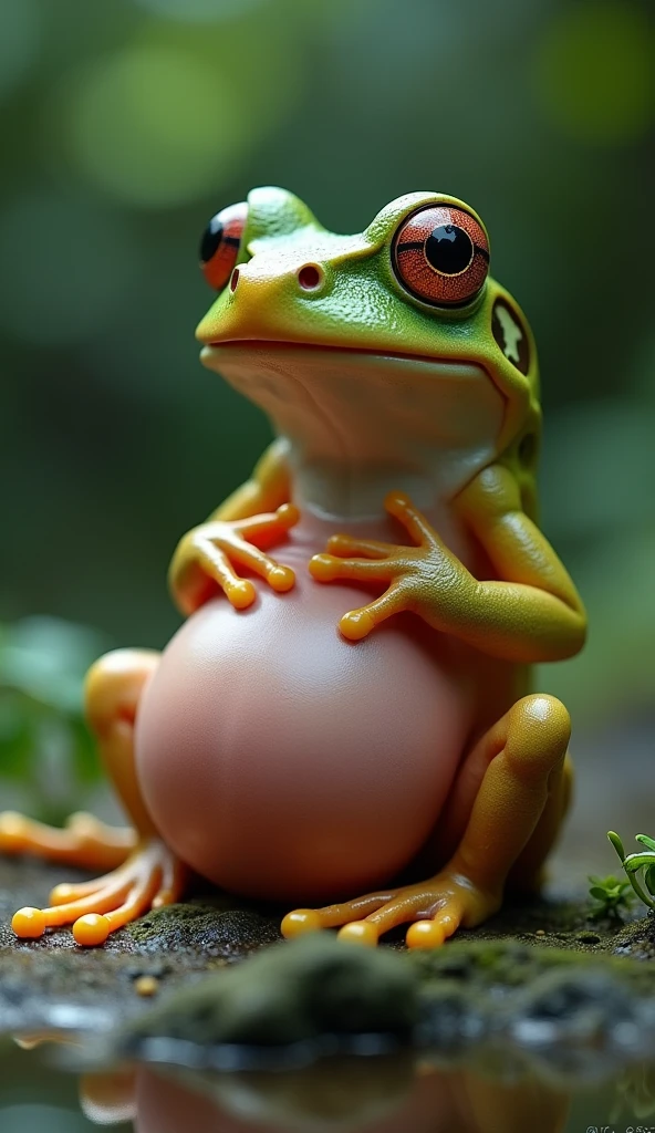 A frog, lying on a Victoria Regia leaf, with the belly up, light green skin tone on the back and white on the belly, the front paws holding the belly