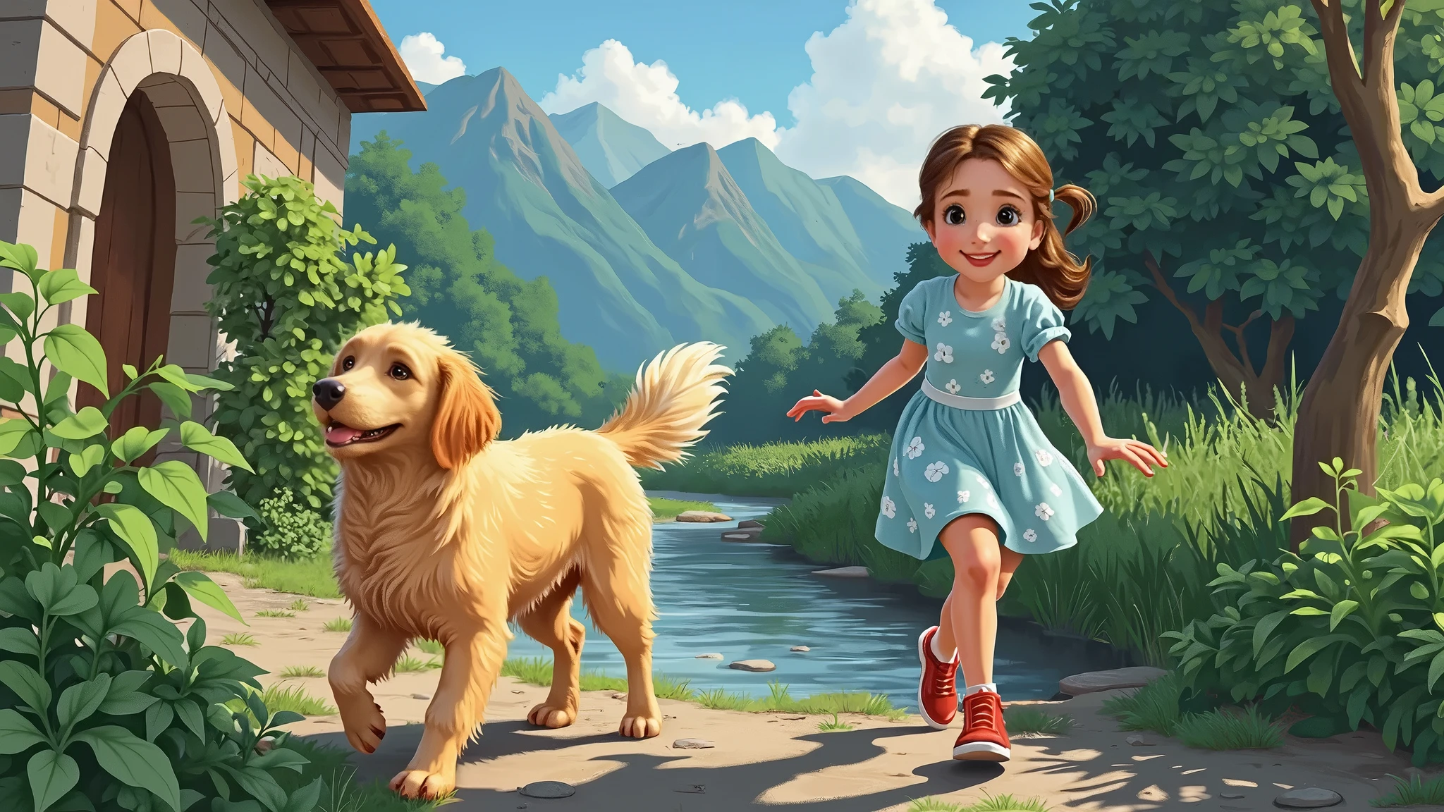 Draw a young girl (( very young)), brown hair and blue dress,(( glad)), crossing a stream and climbing a hill, a leather bag. By his side a brown and white beagle.