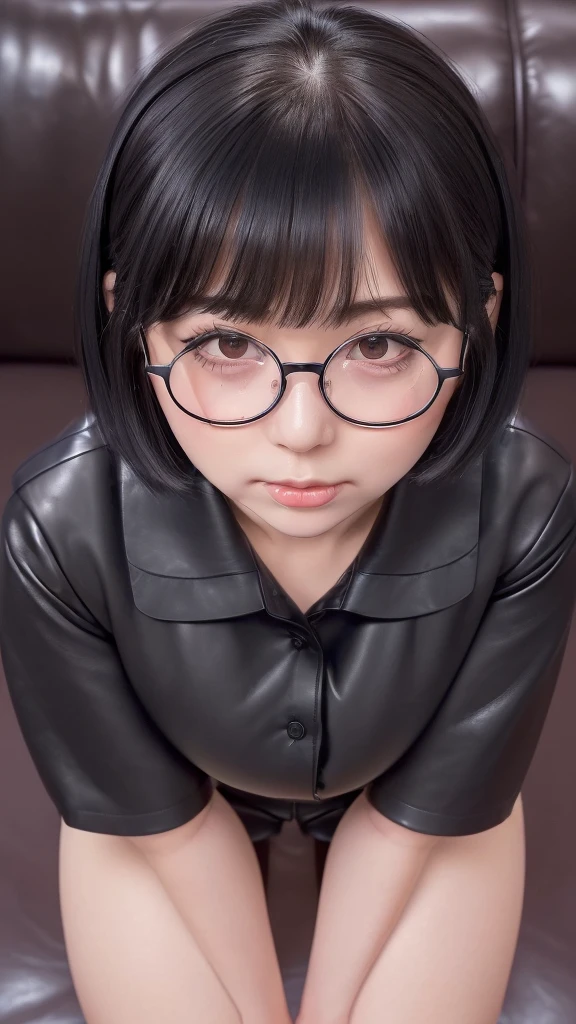 masterpiece, 8k,16k,((   living room  )),(((black eyes:1.10))),(((Subjective))),(((Cute little sister))),(((Bob hair))),(((bangs))),(((Droopy eyes:1.2))),Best Quality, (((Very detailed))), (((Textured skin))),(((No makeup))),(((black leather collared shirt))),((high short  leather mini shorts,))),(((Primary school students))),(((from front))),(((Glasses))),(((Kneading her breasts))), Sit on the sofa,(((Directly above angle:1.5))), (((Plump thighs))), 
(((Close-up of face:1.7))),(((face focus))),(((Point slightly upwards))),(((Bring your face closer:1.4))),(((Move your mouth closer))),(((cat ear))),(((Sweaty))),(((Big Breasts:1.6))),(((Beautiful breasts))),(((fully clothed))),(((A shirt with all the buttons closed))),(((Sexy lips))),(((cum on clothes:1.3, excessive cum:1.3))),(((Hold your arms together))),(((Place hands on thighs))),(((Heavy breathing))),(((Being kissed by a man))),(((inhale:1.3)))