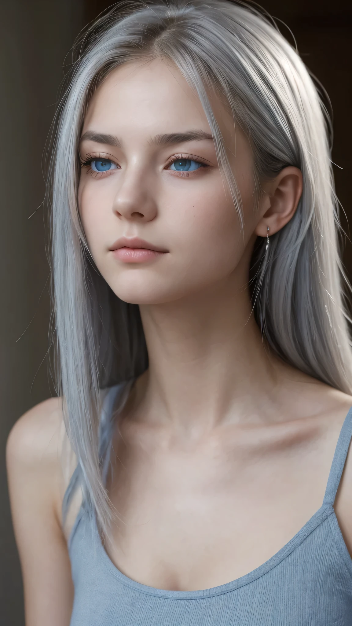 8k, (full body shot:1.2), 20-year-old European girl, raw, Beautiful woman, (straight gray hair), (intricate, sheer, transparent, translucent,(no clothes:1.2)), intricate, beautifull face, elegant, highly detailed, digital hyperrealistic photography, hyperrealistic photography filigree, shyness, most beautyfull face, (masterpiece, sidelighting, (finely detailed beautifull blue eyes: 1.2)),
