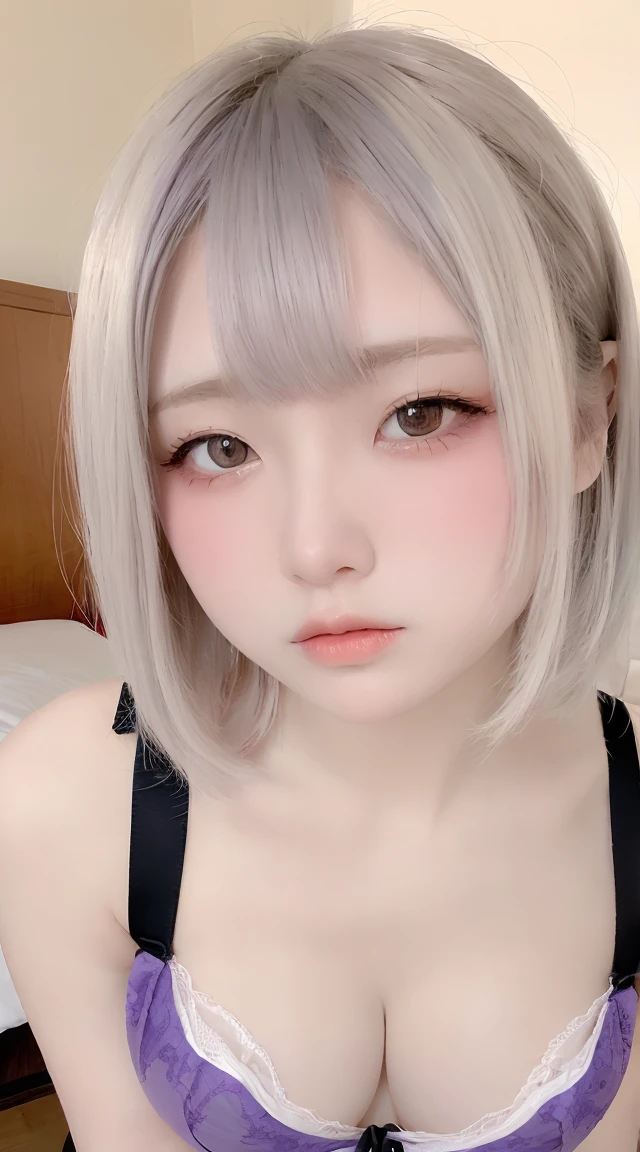 Best Quality,Ultra-high resolution,((Female junior high school student))((younger sister))((10th Generation)),1 person,whole body,Light Grey Hair, Purple Hair Short Hair Cool Look,Looking into the camera,Beautiful skin Blue bra only,Small breasts,bed,ＭSplitting characters(Small Tits:1.3)