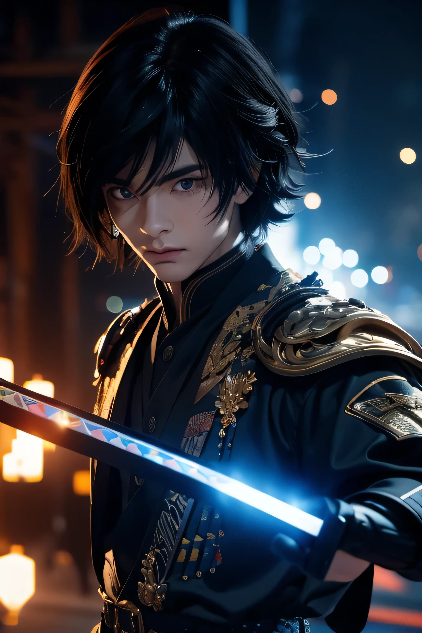 Realistic giyu tomioka holding his sword, handsome boy, masculine, demon slayer, black and blue bob cut hair, 3d, glow particles, portrait, Best Quality, Anatomically Correct, Accurate, Masterpiece, Backlighting, Lens Flare, Motion Lines, From Below, Halo, POV, Depth Of Field, Sparkle, High Resolution, Solo, portrait, Bright Pupils, Anger Vein, Serious, Close-Up, Glowing Light, Optical Illusion