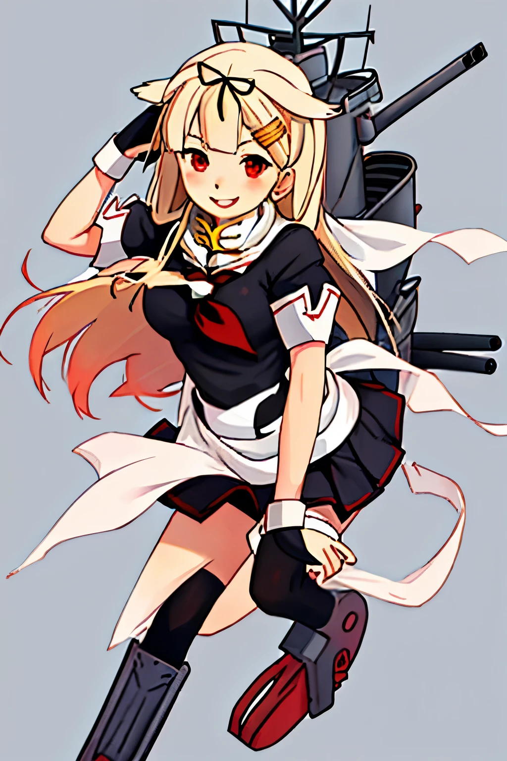 Top quality masterpiece high resolution, 1 girl,  (Yuudachi Kai Ni 　Kantai Collection:1.15), Long Hair, blonde, Red eyes, ribbon smile, Black Sailor Suit, Pleated skirt, Classroom Background, Slender body, Full body portrait,