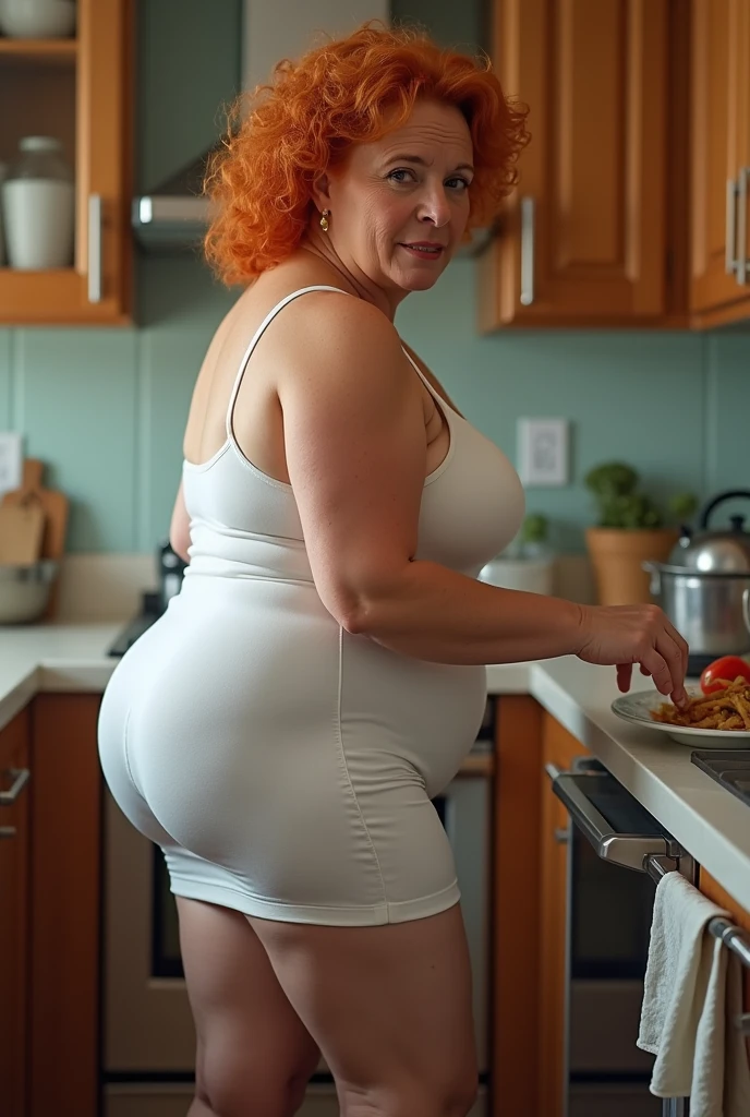 Enormous booty granny wearing lingerie in kitchen showing off booty for viewer   ,full body , very large bosum ,very large cheeks,very large thighs, very wide hips,largest haunches ever, only granny in kitchen 