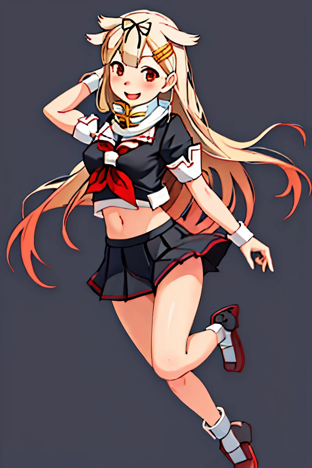 Top quality masterpiece high resolution, 1 girl,  (Yuudachi Kai Ni 　Kantai Collection:1.15), Long Hair, blonde, Red eyes, ribbon smile, Black Sailor Suit, Pleated skirt, Classroom Background, Slender body, Full body portrait,