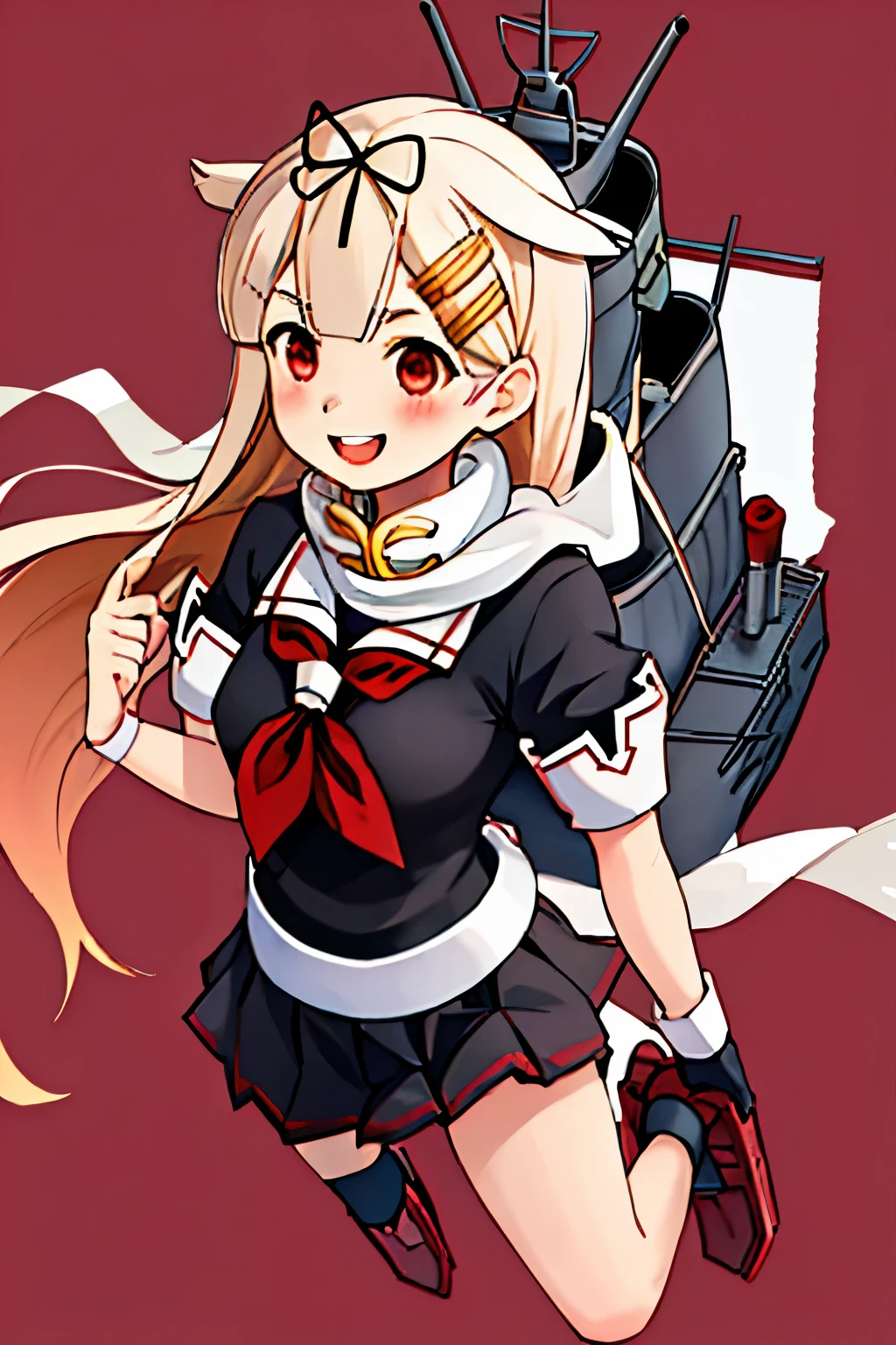 Highest quality, masterpiece, High resolution, 1 Girl,  (Yuudachi Kai Ni 　Kantai Collection:1.15), Long Hair, Blonde, Red eyes, ribbon, smile, Black Sailor Suit, Pleated skirt, Classroom Background, Slender body, Full body portrait, Skirt flip, (panties), Brass Squat, (Flashy underwear), ((White underwear))