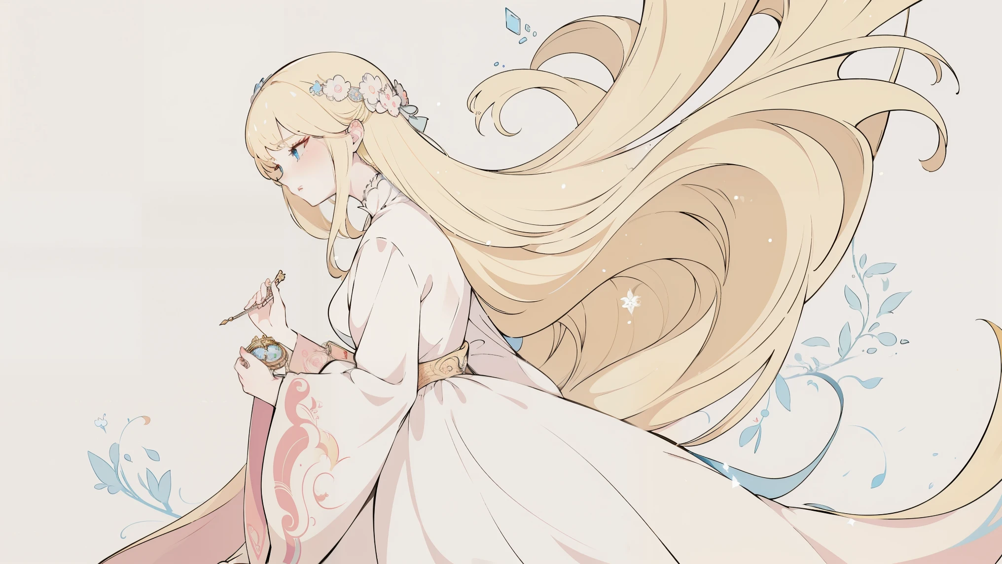 There was a woman in a white dress holding a music box, guweiz style artwork, guweiz on pixiv artstation, guweiz on artstation pixiv, Gu Weiss, Fantasy art style, Gu Weiss masterpiece, Beautiful and elegant queen, Beautiful character painting, Detailed digital anime art, Blonde Princess, White hair, Sky blue eyes, Pink lips
