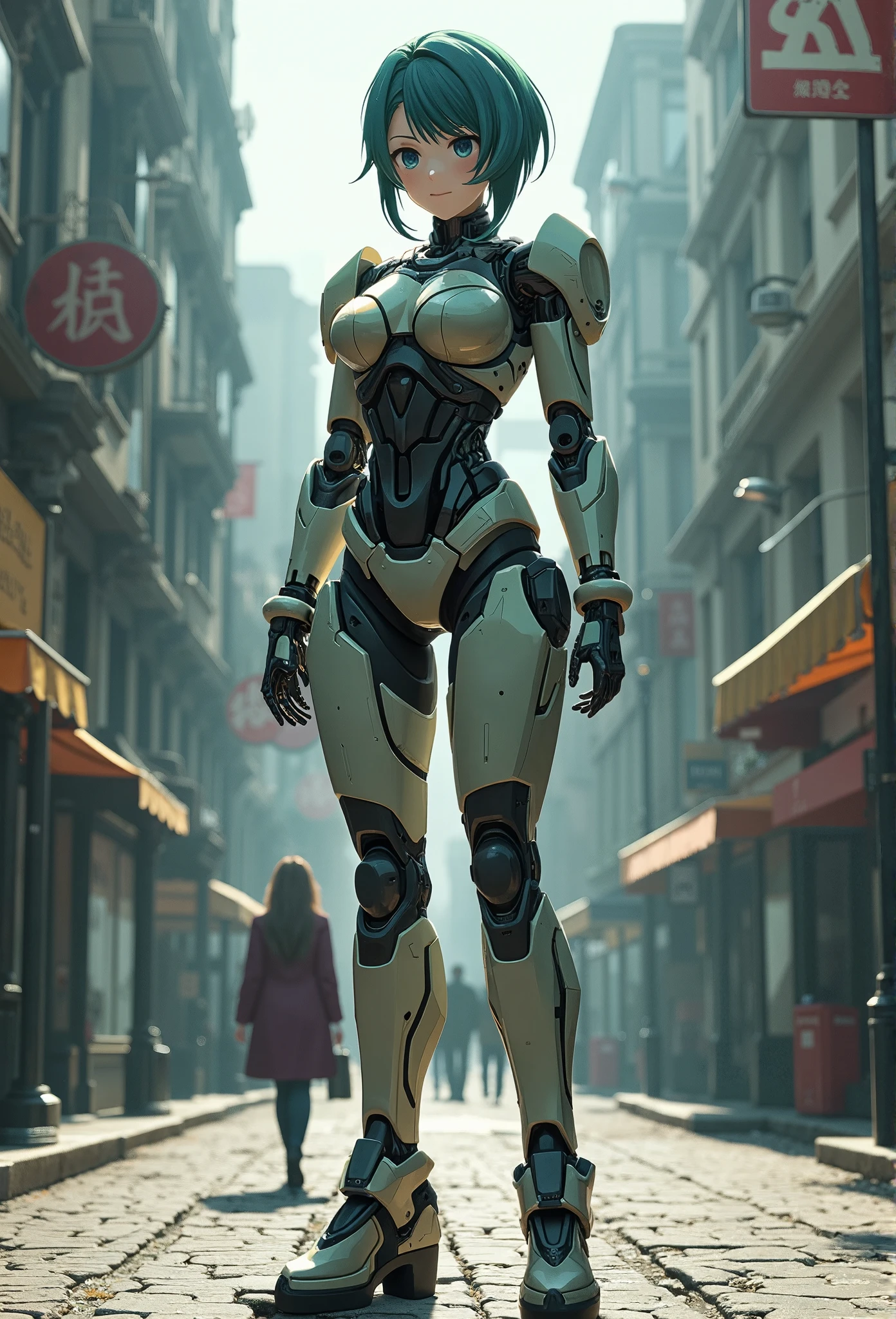 (masterpiece、Best Quality、Best Quality、Official Art、Beautiful and beautiful:1.2)、(One person:1.3)Hatsune Miku、Twin tails,Beautiful breasts,An 50-year-old robot stands on the street、A woman is walking, By William the Bull, Gal Gadot movie still, Symmetrical Dieselpunk Warrior, The central giant, By Slobodan Pejić, Film stills, Victorian atmosphere, By Agustin Fernandez, rorschach, From the Avengers (2012) 