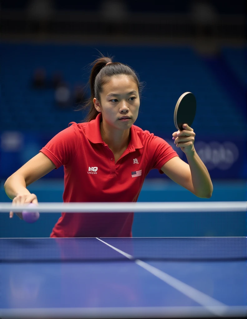 Chinese female table tennis players，full-body shot，Panoramic vistas，Wide-angle lens，18-year-old beauty，Fair skin，Charming，beauty，cute，Bright Lights，Pull the ball，spike，Spinning ball，The competition is intense and exciting，Olympic Games finals as background