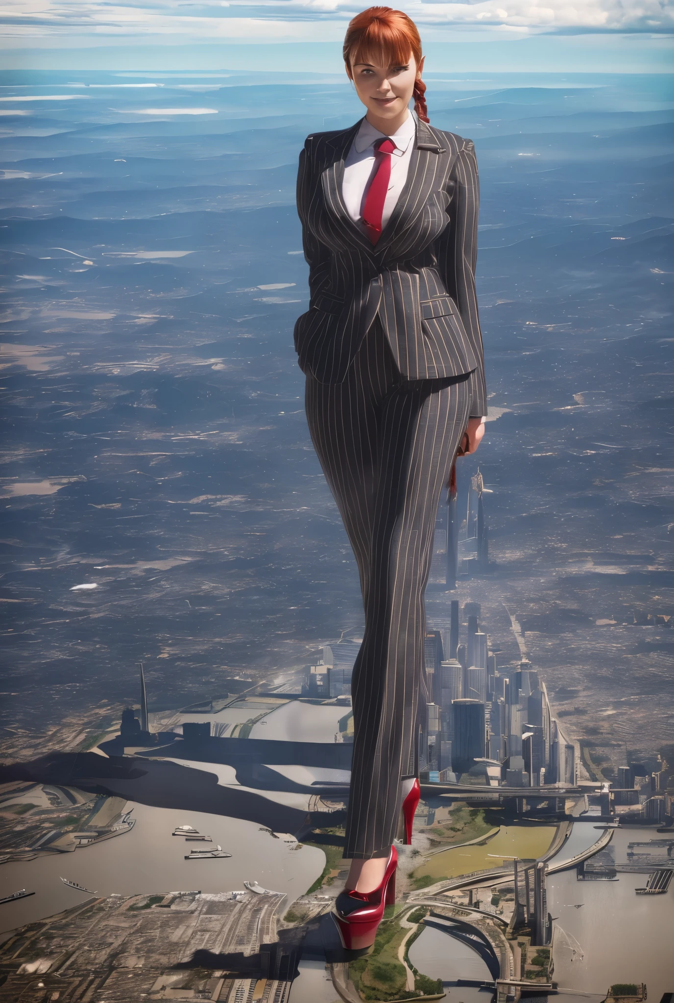 Young adult futanari beautiful curves a massive thighs ginger hair in a long fishtail braid, lipstick wearing a perfect perfect tailored grey pinstriped trouser suit and blazer, crisp white shirt and large broad red windsor knot tie,colossal breasts. Platform high heels , standing, giantess art, full body view, highly detailed giantess shots, giantess, most detailed, perfect face, Two legs, Five fingers, short hair, A girl who is bigger than a skyscraper, standing on very small city new york, skyscarpers at their feet, skyscrapers small, smile, huge breasts, major metropolis, numerous cities, , A very small big city, Miniature metropolis, Full body description, GTS, giga giantess, gigagts, stomping city, crash city, tiny city, micro city, , High resolution, highest quality, masterpiece, tiny destroyed skyscrapers city, illustration, skyscrapers size of small toys standing behind and very far away from city, (masterpiece, best quality, best shadows, best shading, perfect hands, perfect face, cinematic lighting, colorful, ultra-detailed, beautiful photography, character focus, extremely-detailed, photorealistic, hyper photorealism, atmospheric), ), (giantess, stereotypical office boss), (dirty, filthy, unwashed, sweaty, unkempt, happy, tired, exhausted, annoyed), ((walking, mid stride:1.2, stepping down on:1.2, stomping, crush, rampage)), (black patent Louboutin rounded toe pumps, high heels, platform heels), ((,)), ((long ponytail hair with front bangs)), (high altitude photography, satellite view), (curvy, , heaving bosom, legs), (mega city, urban sprawl, and small towns, buildings, roads), (((cloudy, overcast, clouds and atmosphere partly obscuring the subject:1.2, hazy atmosphere, haze in foreground, wispy clouds))) footprints warzone