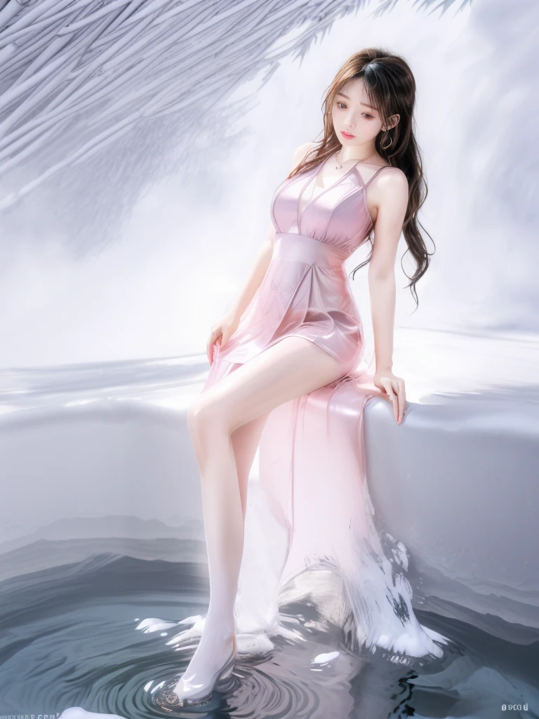 ((A woman)), 美丽脸庞的Sexy中国华裔女明星, 穿着Pink乳胶内衣, Wearing a transparent latex nurse uniform, (((Light theme, Exposing the subject, Sexy主题)))
((Transparent clothes: 1.5), (Revealing clothes: 1.5),  (Wet clothes:1.0), (Color of clothes: Pink), ((Wearing transparent clothing)))
(((night, Private hot spring, Surrounded by fog, Dense bamboo forest, Standing in the water, Snow Scene))),
((desktop:1.0), (Highest quality:1.0), (high resolution:1.2), (Reality:1.0))
((8K Ultra HD, 8K, 超high resolution, Best quality, Super Fine, Clear focus. Masterpieces, complete pattern, Ultra HD, Detailed photos, Best image quality，Ultra-clear，Delicate facial features，Well-defined, Highly rated works, Close-up depth of field photography, Above the knee, Symmetrical character)), 
((Creating the image of a real girl), Realistic shadows, Soft lighting, Dynamic Angle, Dynamic poses, Elegant Posture, Cowboy lens, Full body front view, Be confident, Facing the camera, Eyes looking towards camera lens, Standing posture, Open your legs slightly, Golden Ratio Graphics, Minimalism, Center the character), 
( Smile, Sexy的, Balanced Eyes, Realistic eyes, Beautiful details of the eyes,Pretty Face, (Realistic face), Normal facial features, Realistic skin, Pay attention to skin details, Skin is clean and radiant, Whitening, Anatomically correct body, Golden ratio figure, Sexy的身材), 
(Perfect makeup, Gloves, earrings</input></xml>, bracelet, necklace, Jewelry, Hair accessories, shawl, sock, Knee socks, 吊garter, Leg ring, garter, 腿部garter), 
((beautiful hair), Dark black hair, Wavy curly hairstyle, Waist-length hair, Messy Hairstyle, Gradient hairstyles, Cyberpunk Hairstyle, High double ponytail hairstyle), 
(Sexy的, Perfect breast shape, Teardrop chest shape, Snow-white breasts, Very detailed breasts, 34C cup), 
(Super high waist, Deep V, Low-cut, Sexy, Flattering, Open crotch, (Clear camel toe, (High fork strangulation))),
(((Clear outline, Clear underwear, 透明Sexy的穿着)))