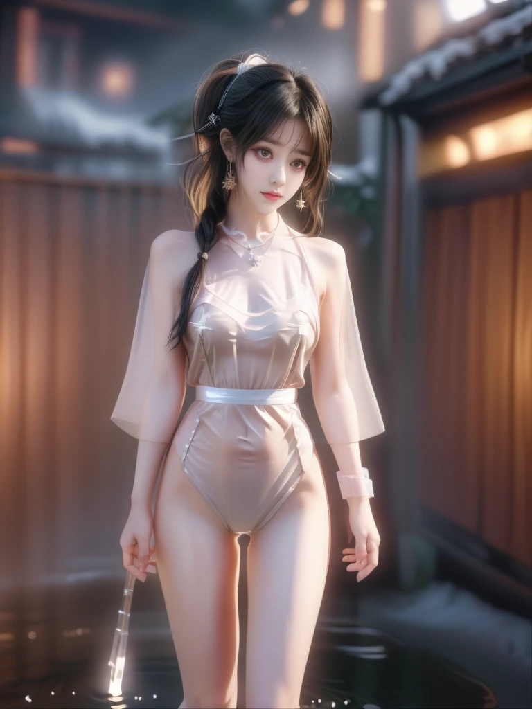 ((A woman)), 美丽脸庞的Sexy中国华裔女明星, 穿着Pink乳胶内衣, Wearing a transparent latex nurse uniform, (((Light theme, Exposing the subject, Sexy主题)))
((Transparent clothes: 1.5), (Revealing clothes: 1.5),  (Wet clothes:1.0), (Color of clothes: Pink), ((Wearing transparent clothing)))
(((night, Private hot spring, Surrounded by fog, Dense bamboo forest, Standing in the water, Snow Scene))),
((desktop:1.0), (Highest quality:1.0), (high resolution:1.2), (Reality:1.0))
((8K Ultra HD, 8K, 超high resolution, Best quality, Super Fine, Clear focus. Masterpieces, complete pattern, Ultra HD, Detailed photos, Best image quality，Ultra-clear，Delicate facial features，Well-defined, Highly rated works, Close-up depth of field photography, Above the knee, Symmetrical character)), 
((Creating the image of a real girl), Realistic shadows, Soft lighting, Dynamic Angle, Dynamic poses, Elegant Posture, Cowboy lens, Full body front view, Be confident, Facing the camera, Eyes looking towards camera lens, Standing posture, Open your legs slightly, Golden Ratio Graphics, Minimalism, Center the character), 
( Smile, Sexy的, Balanced Eyes, Realistic eyes, Beautiful details of the eyes,Pretty Face, (Realistic face), Normal facial features, Realistic skin, Pay attention to skin details, Skin is clean and radiant, Whitening, Anatomically correct body, Golden ratio figure, Sexy的身材), 
(Perfect makeup, Gloves, earrings</input></xml>, bracelet, necklace, Jewelry, Hair accessories, shawl, sock, Knee socks, 吊garter, Leg ring, garter, 腿部garter), 
((beautiful hair), Dark black hair, Wavy curly hairstyle, Waist-length hair, Messy Hairstyle, Gradient hairstyles, Cyberpunk Hairstyle, High double ponytail hairstyle), 
(Sexy的, Perfect breast shape, Teardrop chest shape, Snow-white breasts, Very detailed breasts, 34C cup), 
(Super high waist, Deep V, Low-cut, Sexy, Flattering, Open crotch, (Clear camel toe, (High fork strangulation))),
(((Clear outline, Clear underwear, 透明Sexy的穿着)))