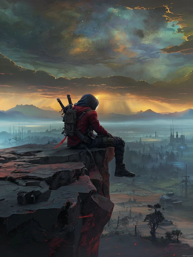 A silence that hungers, out there lies oblivion. A Spectacular artistic fusion, A lone apex cyborg assassin wearing a red and black camouflage hoody and tactical bodysuit, backpack and twin swords, he’s on ghost recon mission(clandestine), black ops, he’s contemplating his next move in deep thought, sitting at the edge of a floating mountain rock cliff on Titan, pensively staring out into the horizon with its glorious sunset baked landscape, below a once bustling city, now a deathly silent emptiness, immersive art, incredible details, intriguing, mysterious, anonymous, he wears a tiny optic shoulder cam, with a small boomerang style ai drone hovering above him, AAA game concept art, analog horror story, rich textures, ((midnight sun)), ray tracing, crepuscular rays, (cerebral:1.2), a thrilling adventure and epic quest, suspenseful journeys, immersive storytelling, jaw dropping landscape and dreamlike colours, raw, (vivid), gritty, moody and atmospheric, cinematic masterpiece, a truly epic composition, apocalyptic art, futuristic folklore, (adventure core:1.3), he symbolises revolution, bravery darkness and resilience. The background should suggest a new dawn and harsh survivalism, a combination of acid bleach wave hues, radiant colours, a spectacular harmony of grunge and colour, symmetry and Lush textures, Imagine a surreal science fiction concept painting in the style of (((Pedro Blanco, Mavis, Nivanh Chanthara, Federico Pelat, Levi Guo, Col Price, Robert Sammelin, Darek Zabrocki, Doug Williams, Kevin Jenkins and Chris Falkenberg, ominous sky, atmosphere art by Saby Menyhei, Sebastian Luca, immersive landscapes—Jon McCoy and Sparth)))