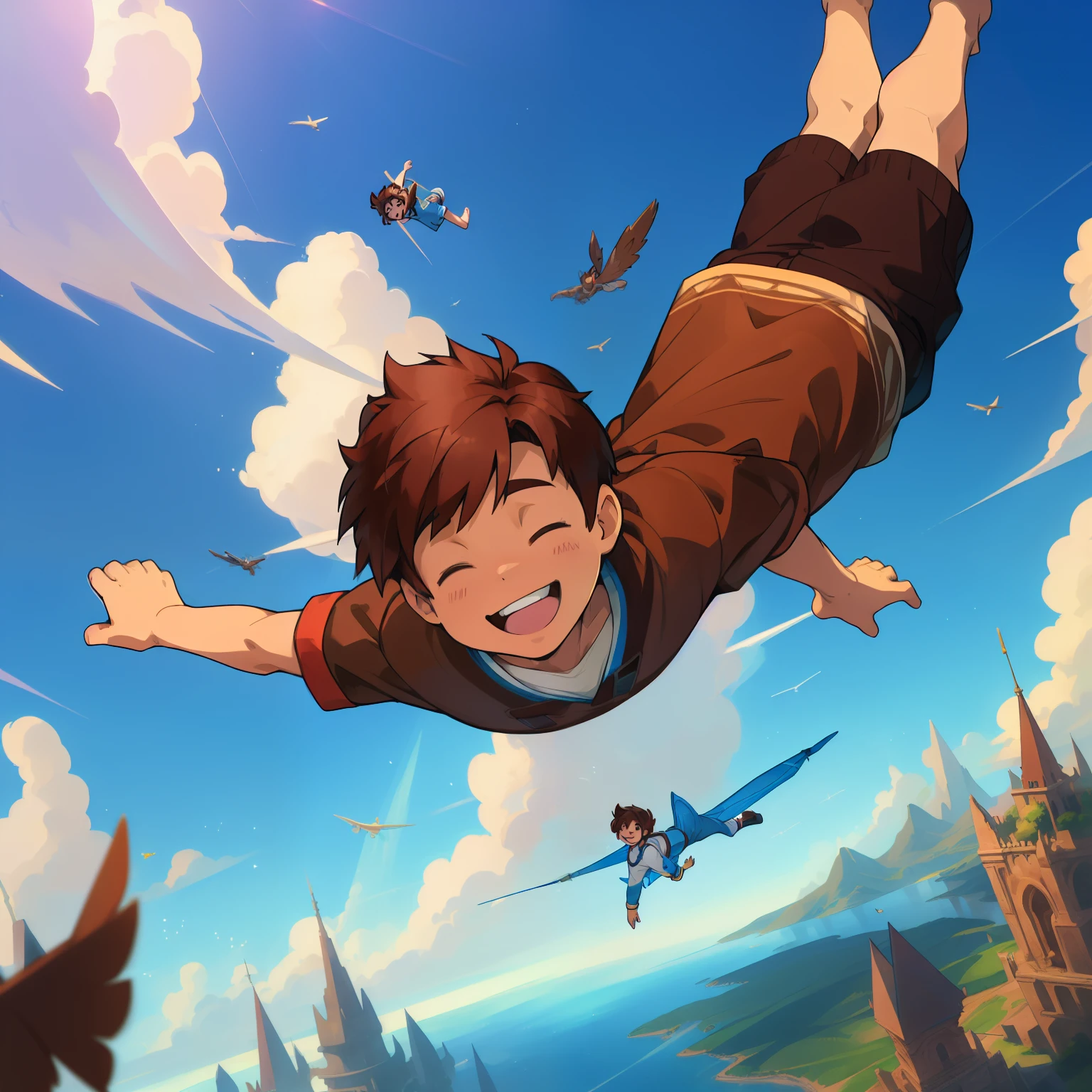 ((( boy with brown hair flying through the sky))), ((amazed and smiling in a surreal dream world setting)), ((wearing 50&#39;s children&#39;s clothes)), ((((cartoon style, technicolor)))), ((he is flying through the skies and encountering flying fish)),