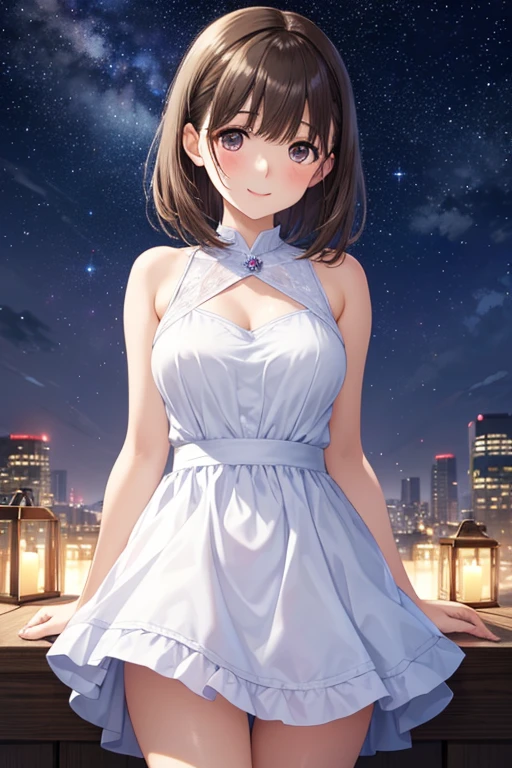 anegasaki nene、Shiny brown hair, short hair, (Beautiful brown eyes、Sparkling eyes, Fine grain)、smile、Ultra-detailed eyes、Very detailed顔, Very detailed目,
Highest quality, masterpiece, Very detailed, Detailed Background, anime, 1 girl, Young girl, short, sf, sf, Outdoor, night, Starry Sky, greenhouse, massive structures, Biodome, Wind景, scenery, horizon, rooftop, sitting on the rooftop, Wind, Distracting, Atmospheric lighting, Concentration only, close, From the side, Shallow depth of field, Bokeh, Grab her back, (Draw your fingers carefully:1.5)