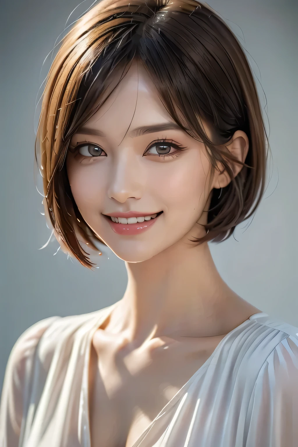 ((masterpiece)), ((Best Quality)), ((8k)), ((Surreal)), ((Realistic)), (Mature), ((There are no classes)), Very detailed, (1 The Ultimate Beautiful Woman, Supermodel), Beautiful and exquisite, Beautiful Eyes, Double Eyelids, eyelash, (Beautiful Teeth), Grin, (Attractive look), brunette pixie cut, Brown eyes, ((Random color blouse)), (Upper Body), ((background:none)), Perfect Eyes, Captivating eyes, Looking at the audience, (Upper Body)