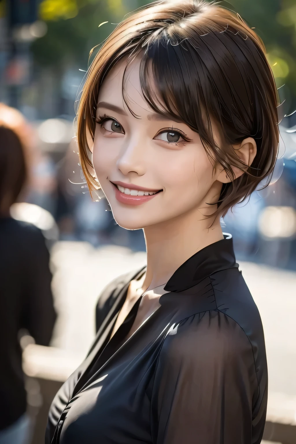 ((masterpiece)), ((Best Quality)), ((8k)), ((Surreal)), ((Realistic)), (Mature), ((There are no classes)), Very detailed, (1 The Ultimate Beautiful Woman, Supermodel), Beautiful and exquisite, Beautiful Eyes, Double Eyelids, eyelash, (Beautiful Teeth), Grin, (Attractive look), brunette pixie cut, Brown eyes, ((Random color blouse)), (Upper Body), ((background:none)), Perfect Eyes, Captivating eyes, Looking at the audience, (Upper Body)