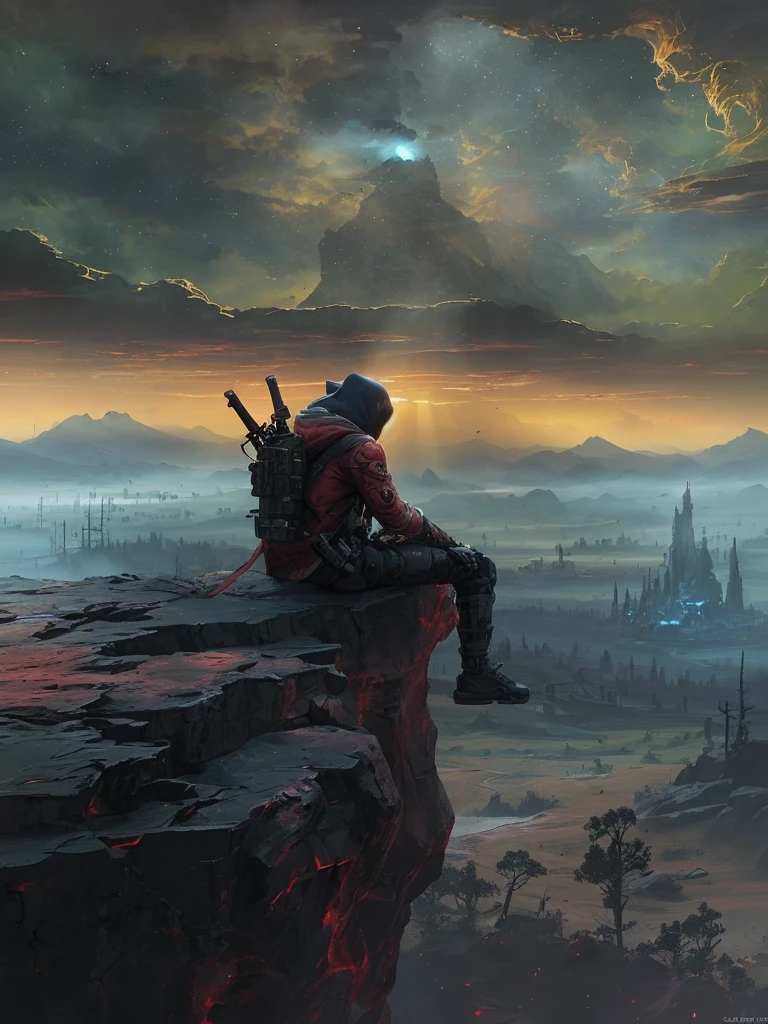 A silence that hungers, out there lies oblivion. A Spectacular artistic fusion, A lone apex cyborg assassin wearing a red and black camouflage hoody and tactical bodysuit, backpack and twin swords, he’s on ghost recon mission(clandestine), black ops, he’s contemplating his next move in deep thought, sitting at the edge of a floating mountain rock cliff on Titan, pensively staring out into the horizon with its glorious sunset baked landscape, below a once bustling city, now a deathly silent emptiness, immersive art, incredible details, intriguing, mysterious, anonymous, he wears a tiny optic shoulder cam, with a small boomerang style ai drone hovering above him, AAA game concept art, analog horror story, rich textures, ((midnight sun)), ray tracing, crepuscular rays, (cerebral:1.2), a thrilling adventure and epic quest, suspenseful journeys, immersive storytelling, jaw dropping landscape and dreamlike colours, raw, (vivid), gritty, moody and atmospheric, cinematic masterpiece, a truly epic composition, apocalyptic art, futuristic folklore, (adventure core:1.3), he symbolises revolution, bravery darkness and resilience. The background should suggest a new dawn and harsh survivalism, a combination of acid bleach wave hues, radiant colours, a spectacular harmony of grunge and colour, symmetry and Lush textures, Imagine a surreal science fiction concept painting in the style of (((Pedro Blanco, Mavis, Nivanh Chanthara, Federico Pelat, Levi Guo, Col Price, Robert Sammelin, Darek Zabrocki, Doug Williams, Kevin Jenkins and Chris Falkenberg, ominous sky, atmosphere art by Saby Menyhei, Sebastian Luca, immersive landscapes—Jon McCoy and Sparth)))