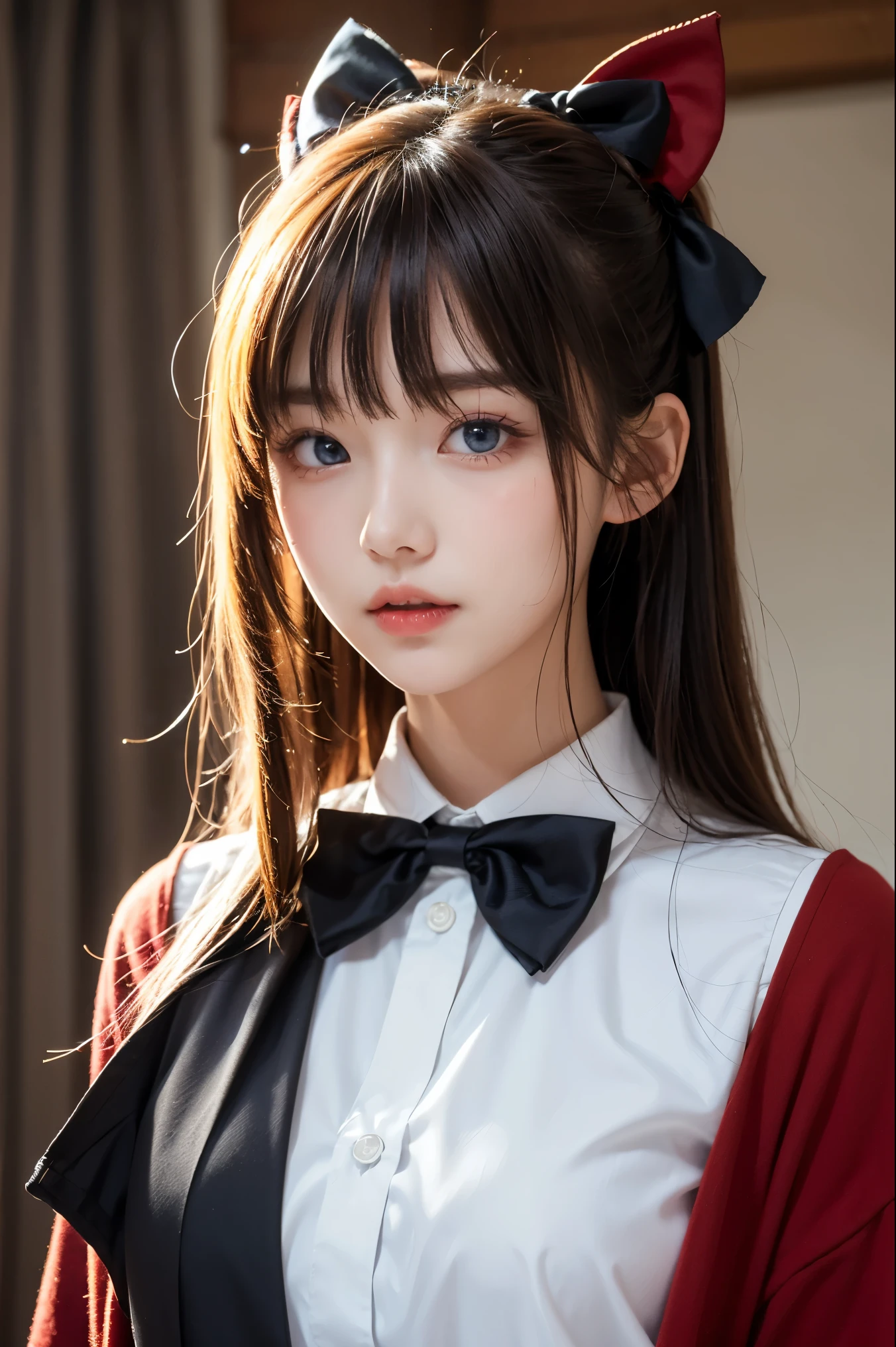 Araya, 1 girl, alone, long hair, blue eyes, Ahoge, bow, look at viewer, red bow, shirtแจ็กเกต, bowtie, long sleeve, chest, shirt