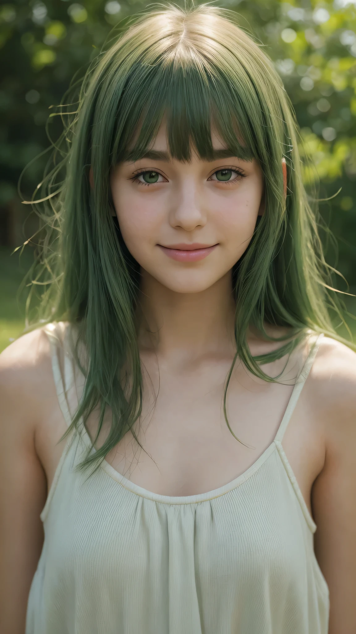 a girl. European. Extremely detailed face. Oval face. Delicate facial features. Half-closed eyes. Long straight hair. Messy hair. Bangs. Green hair. Green eyes. lewd expression. sad mood. smile