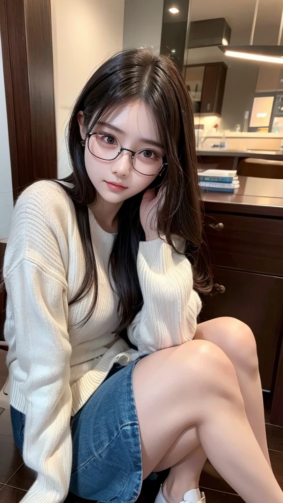 Highest quality、masterpiece、High sensitivity、High resolution、Detailed Description、Glasses、mini skirt、Wave Hair、Crouch down、