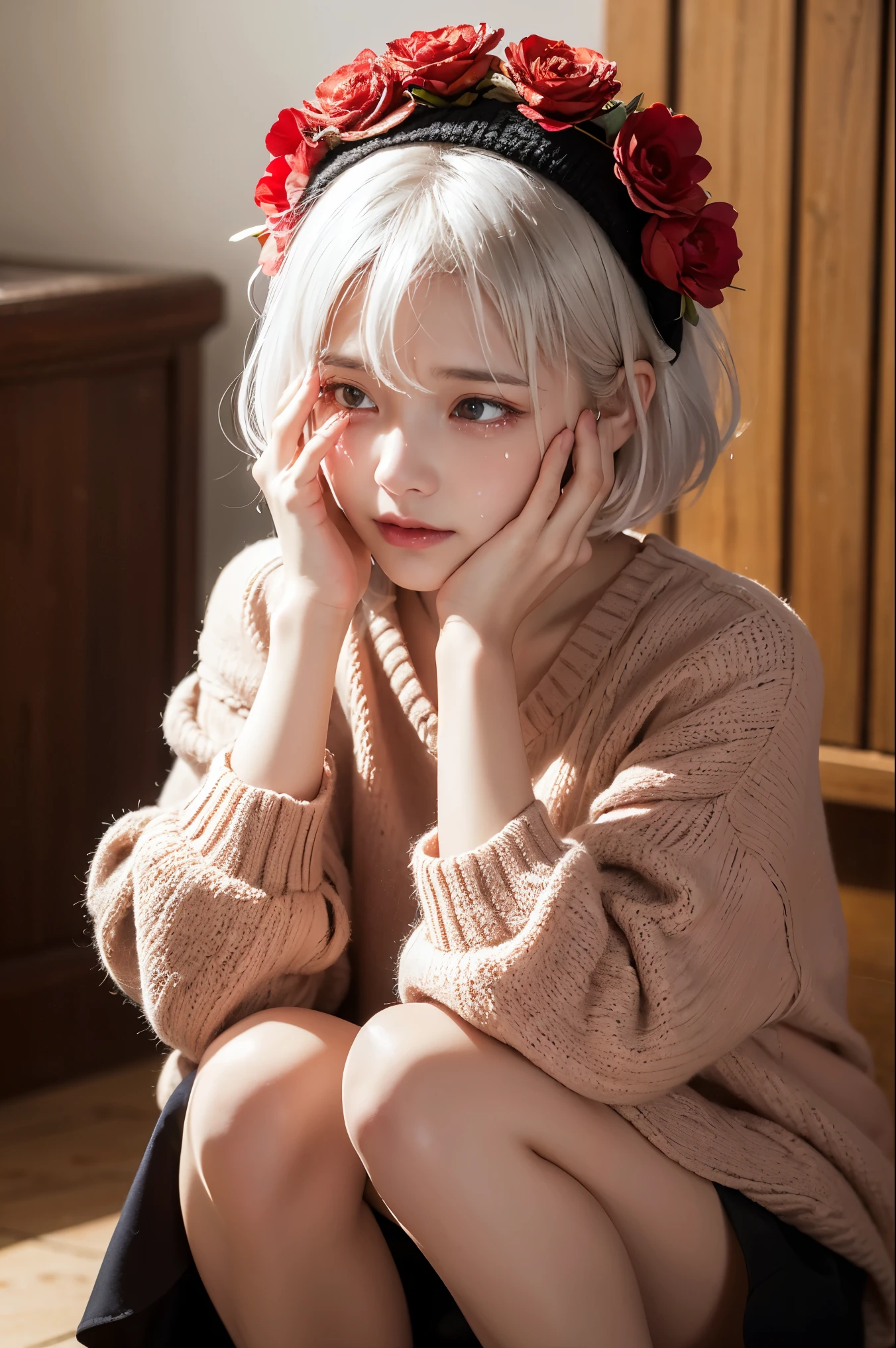 White hair、short-hair、Curled Hair、Light red eyes、Cute clothes、jaket、Black skirt、murky、sitting down on the floor、Sitting、Hair swaying、florals、Sad girl、Knitted clothes、flower on head、Red skirt、human - shaped、deadpan、Empty eyes、heartbreaking、mournful、is crying、(tearful1.2)、A slight smil、Laugh and shed tears、Put your hands to your eyes and wipe away tears、Wiping tears、rubbing your eyes with your hands、Overflowing tears