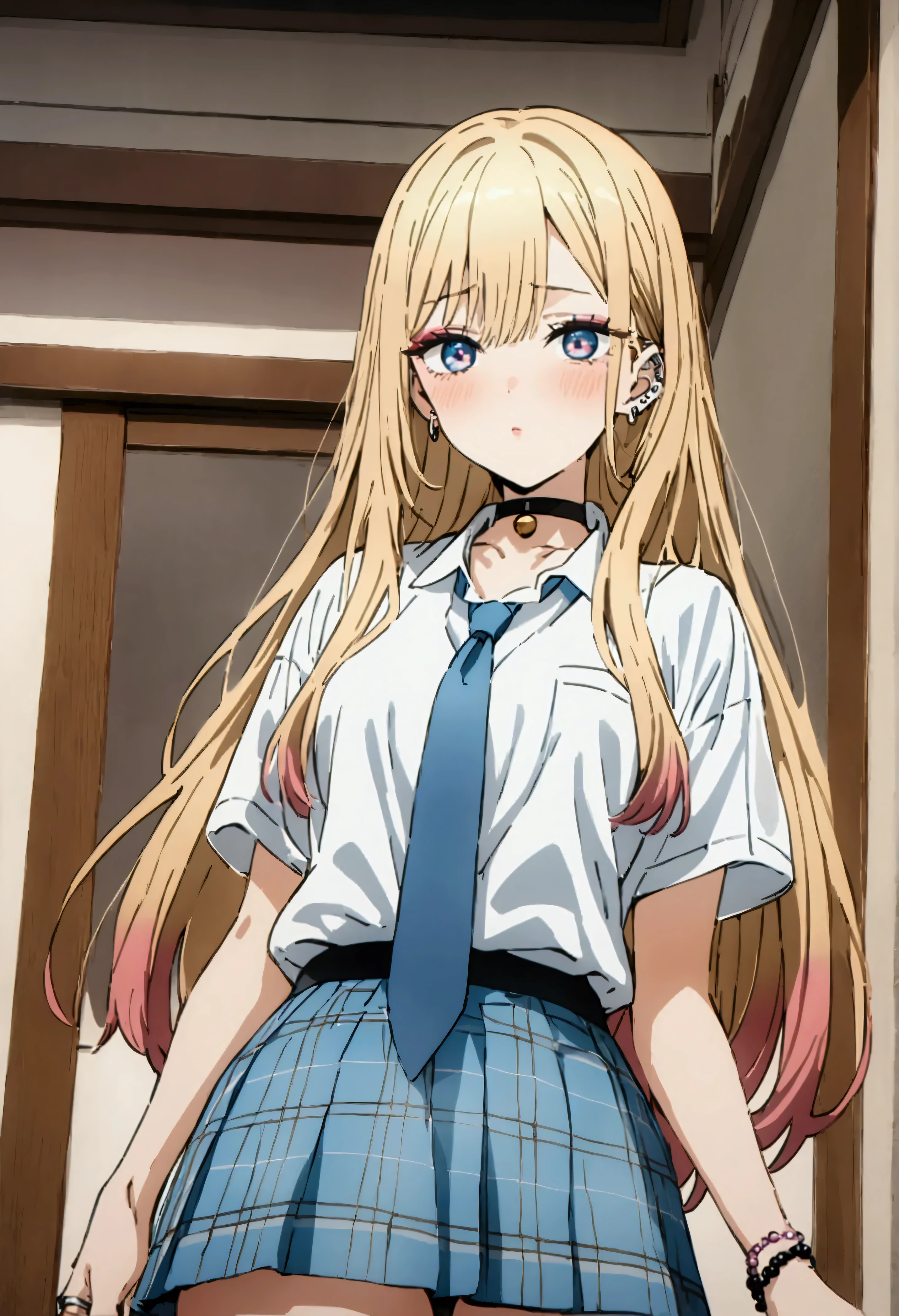 NSFW,masterpiece,Best Quality,High resolution,Very detailed,Marin Kitagawa\(The Doll Falls in Love\),Multicolored Hair、Blonde Hair、Long Hair、Magenta Eyes、Ear Piercing、Earrings、Pink Nails、makeup,Beaded Bracelets、Black choker、Neck bell、ring、Collared shirt、White Shirt、Short sleeve、Blue tie、Checked skirt、Blue Skirt、Thai Shirt