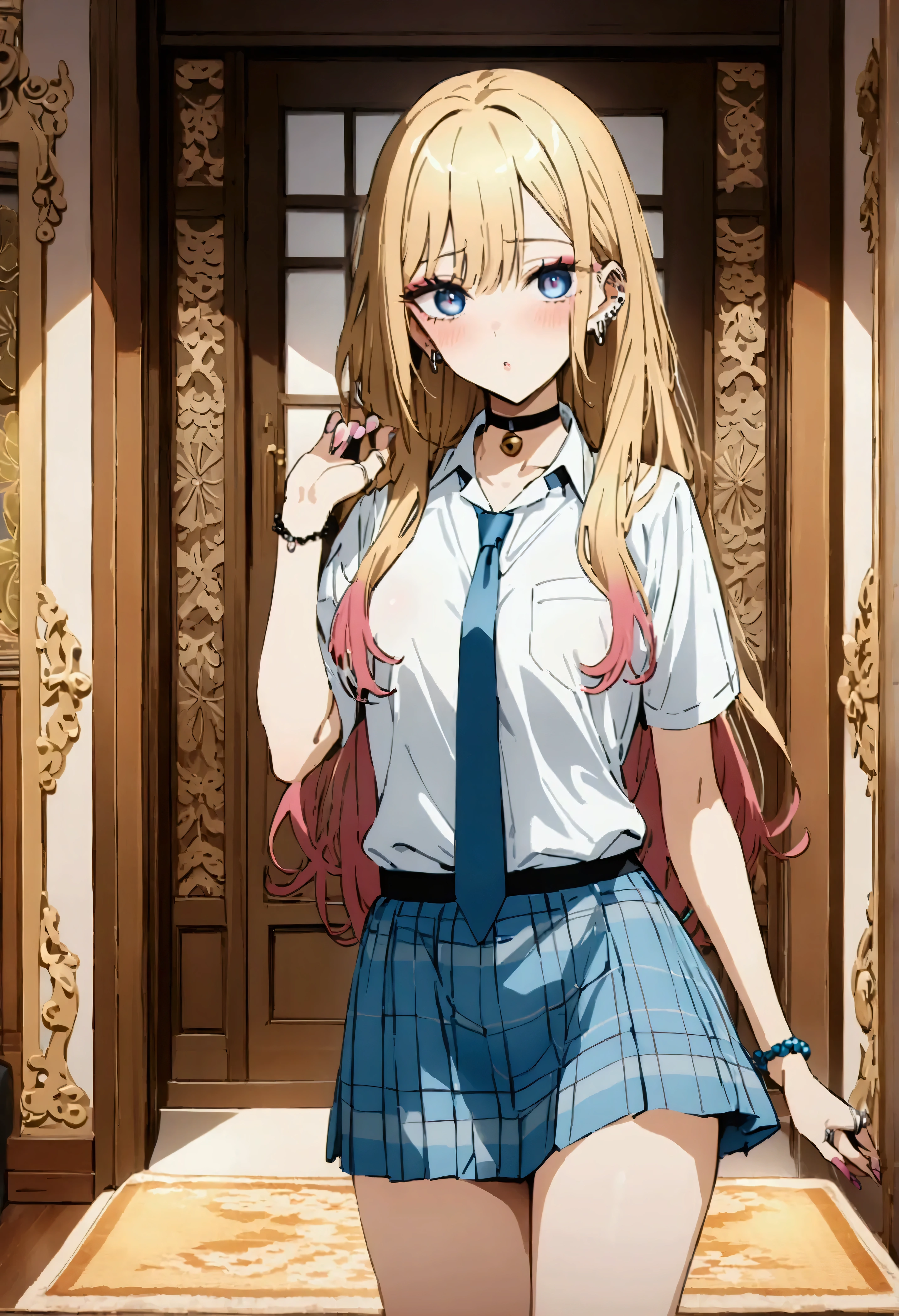 NSFW,masterpiece,Best Quality,High resolution,Very detailed,Marin Kitagawa\(The Doll Falls in Love\),Multicolored Hair、Blonde Hair、Long Hair、Magenta Eyes、Ear Piercing、Earrings、Pink Nails、makeup,Beaded Bracelets、Black choker、Neck bell、ring、Collared shirt、White Shirt、Short sleeve、Blue tie、Checked skirt、Blue Skirt、Thai Shirt