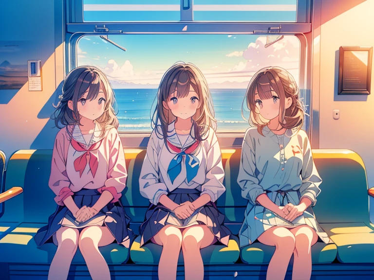 (Three girls sitting on train seats looking out the window at the ocean), super cute, (pastel art, pastel drawing by Takano Aya), trending on pixiv, conceptual art, beautifully detailed eyes, beautifully detailed lips, highly detailed faces and expressions, exquisite details, soft pastel colors, warm atmosphere, natural lighting, cinematic composition, sentimental, dreamy, end of summer, view from train window, (best quality, 4k wallpaper , high resolution, masterpiece:1.2), ultra detailed, (photogenic:1.2)