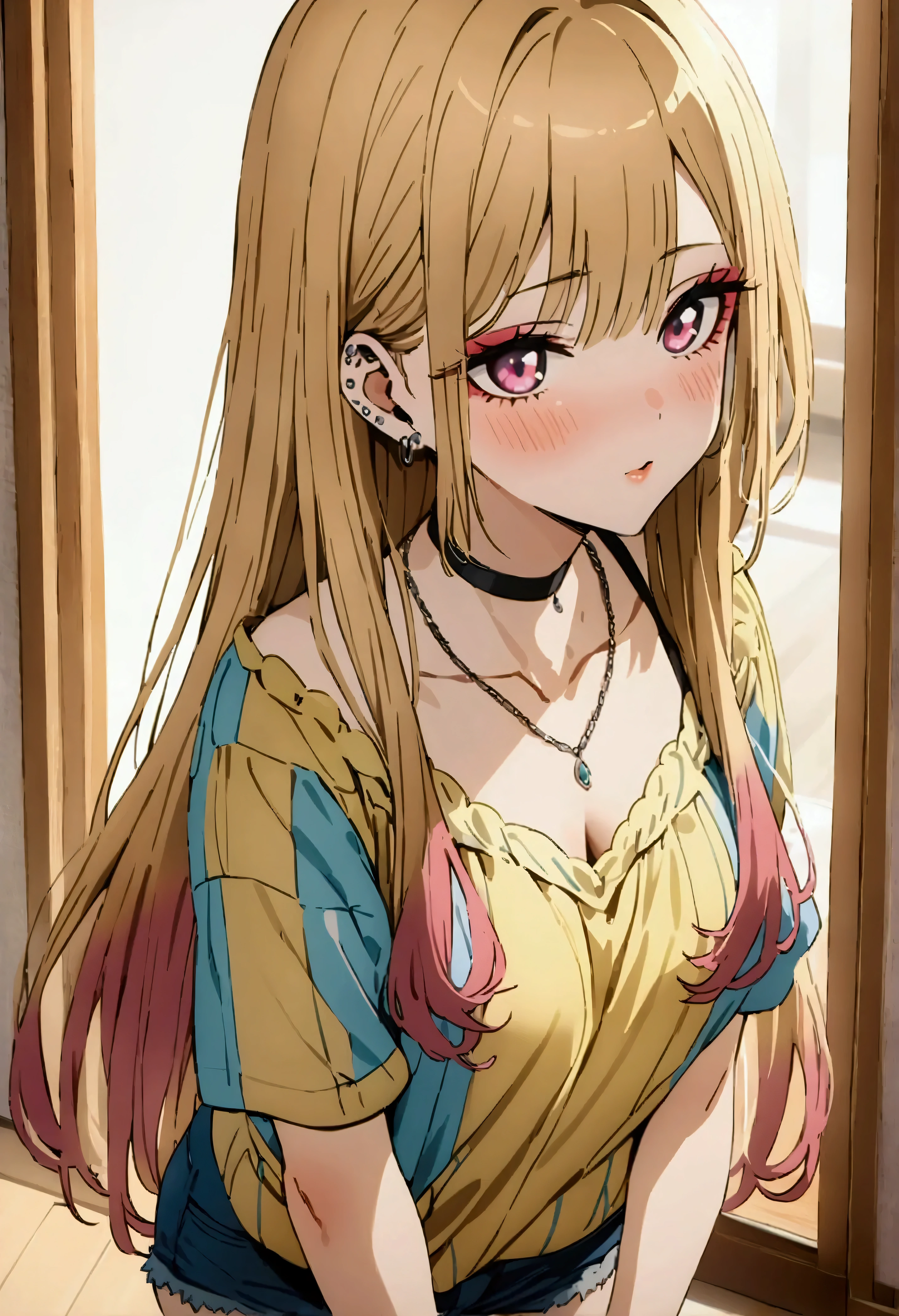 NSFW,masterpiece,Best Quality,High resolution,Very detailed,Marin Kitagawa\(The Doll Falls in Love\),Multicolored Hair、Blonde Hair、Long Hair、Magenta Eyes、Ear Piercing、Earrings、Pink Nails、makeup,Check shirt、Blue Shirt、Yellow Shirt、Black choker、Denim shorts、clavicle、necklace